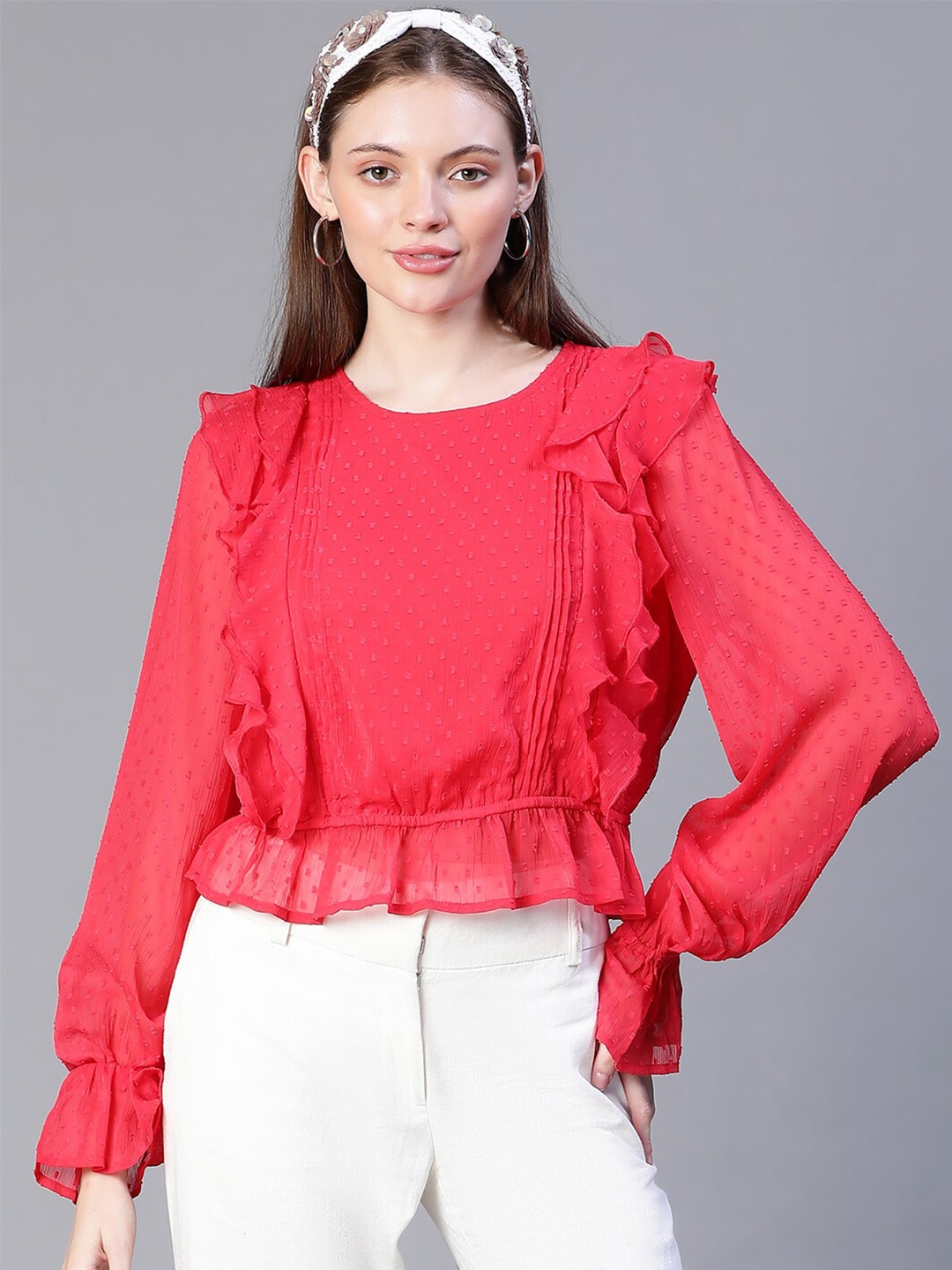 

Oxolloxo Self Designed Cuffed Sleeves Ruffles Top, Red