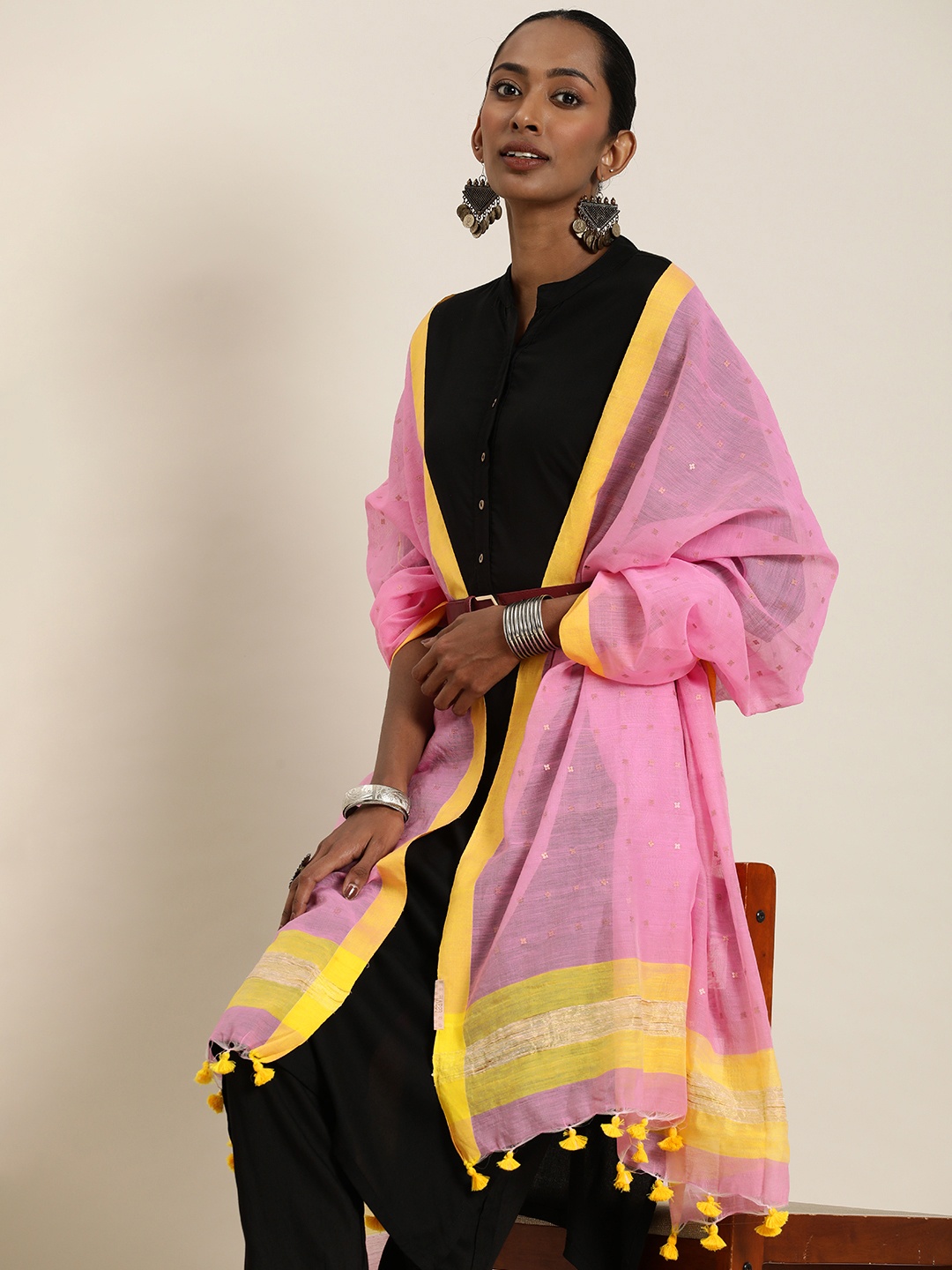 

Taavi Woven Design Handloom Dupatta with Sequinned, Pink