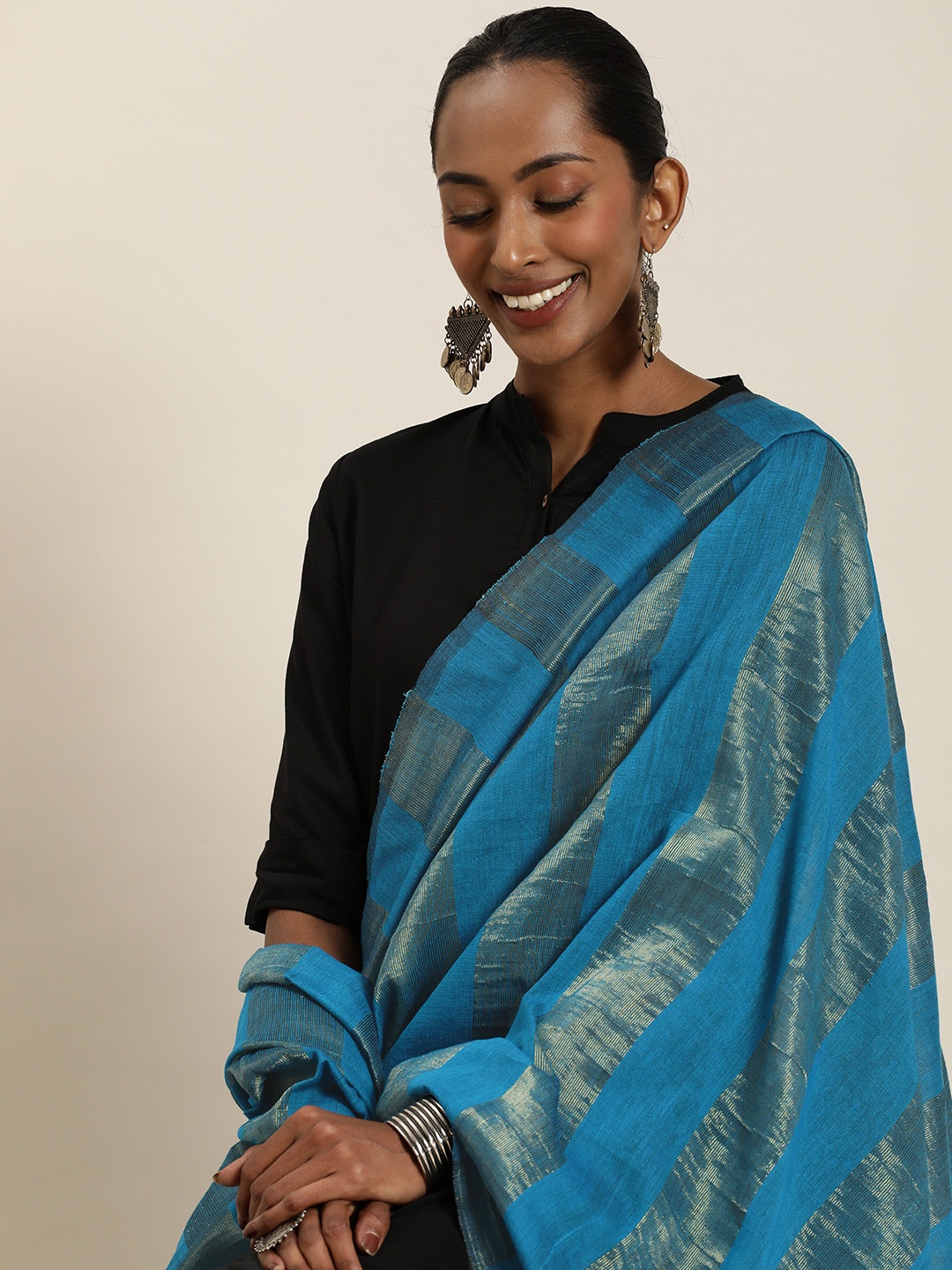 

Taavi Striped Woven Design Handloom Sustainable Pure Cotton Dupatta, Turquoise blue