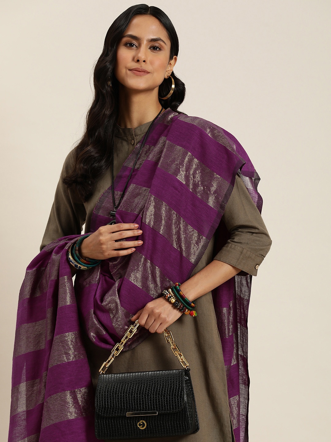 

Taavi Striped Woven Design Sustainable Dupatta, Purple