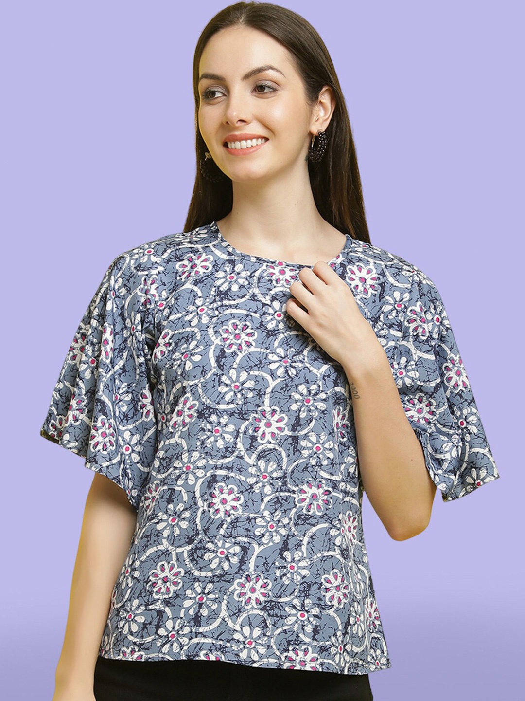 

Poshyaa Floral Printed Flared Sleeves Top, Blue