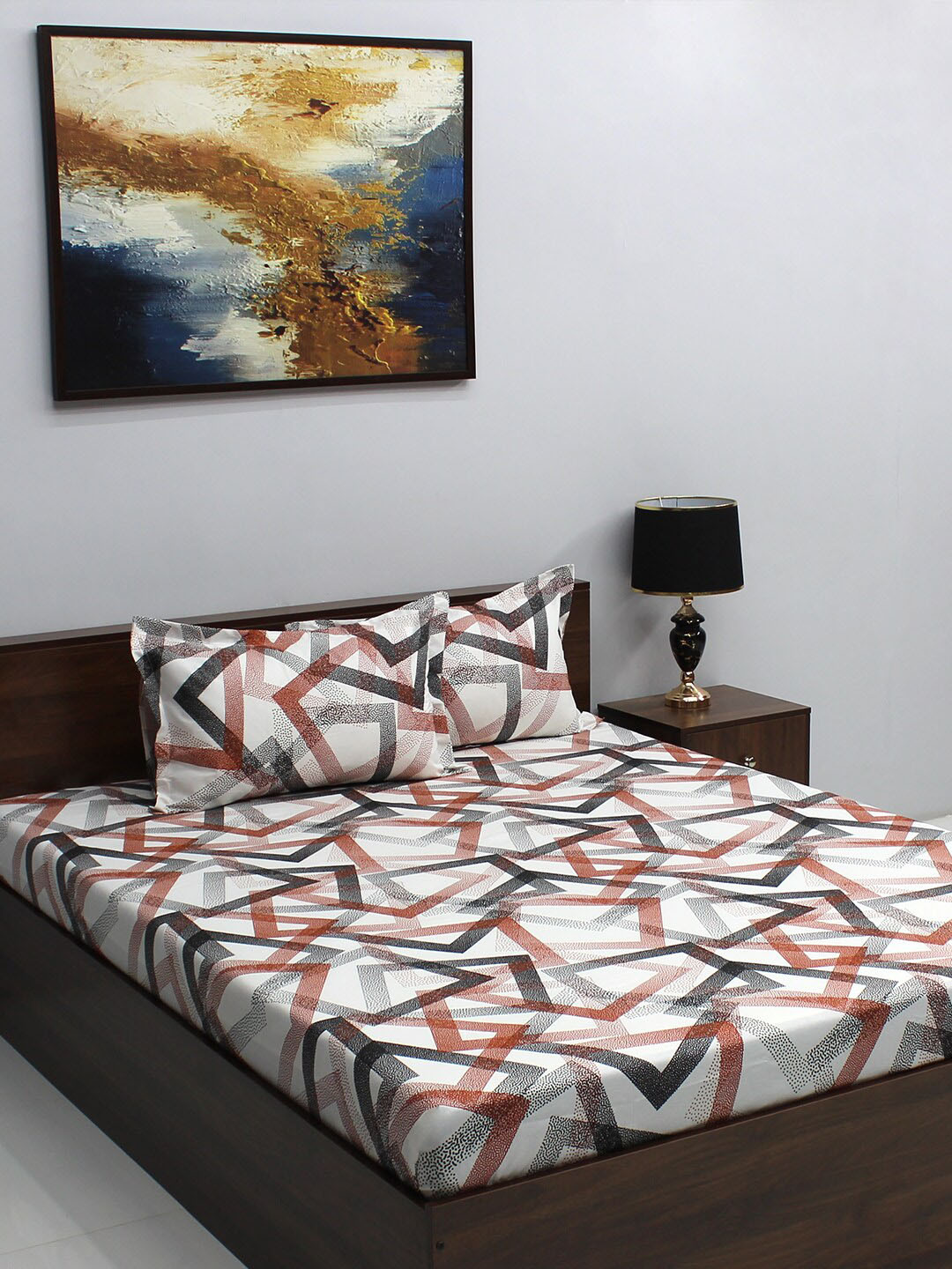 

Raymond Home White & Brown Geometric 120 TC Queen Bedsheet with 2 Pillow Covers