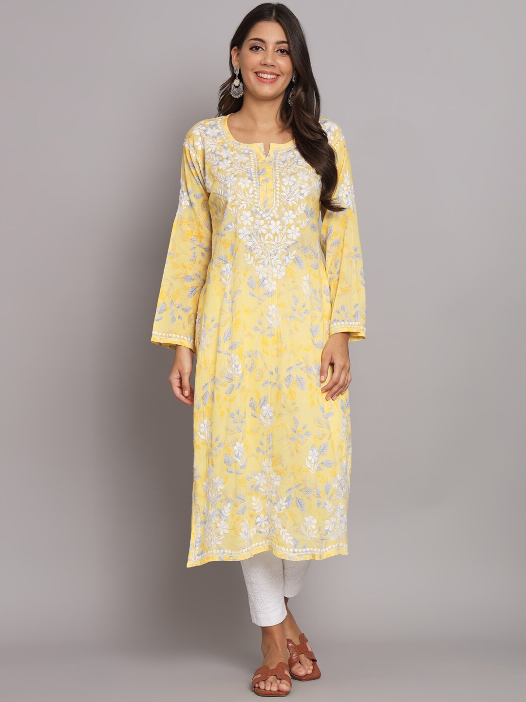 

PARAMOUNT CHIKAN Women Embroidered Lucknowi Chikankari Mulmul Kurta, Yellow