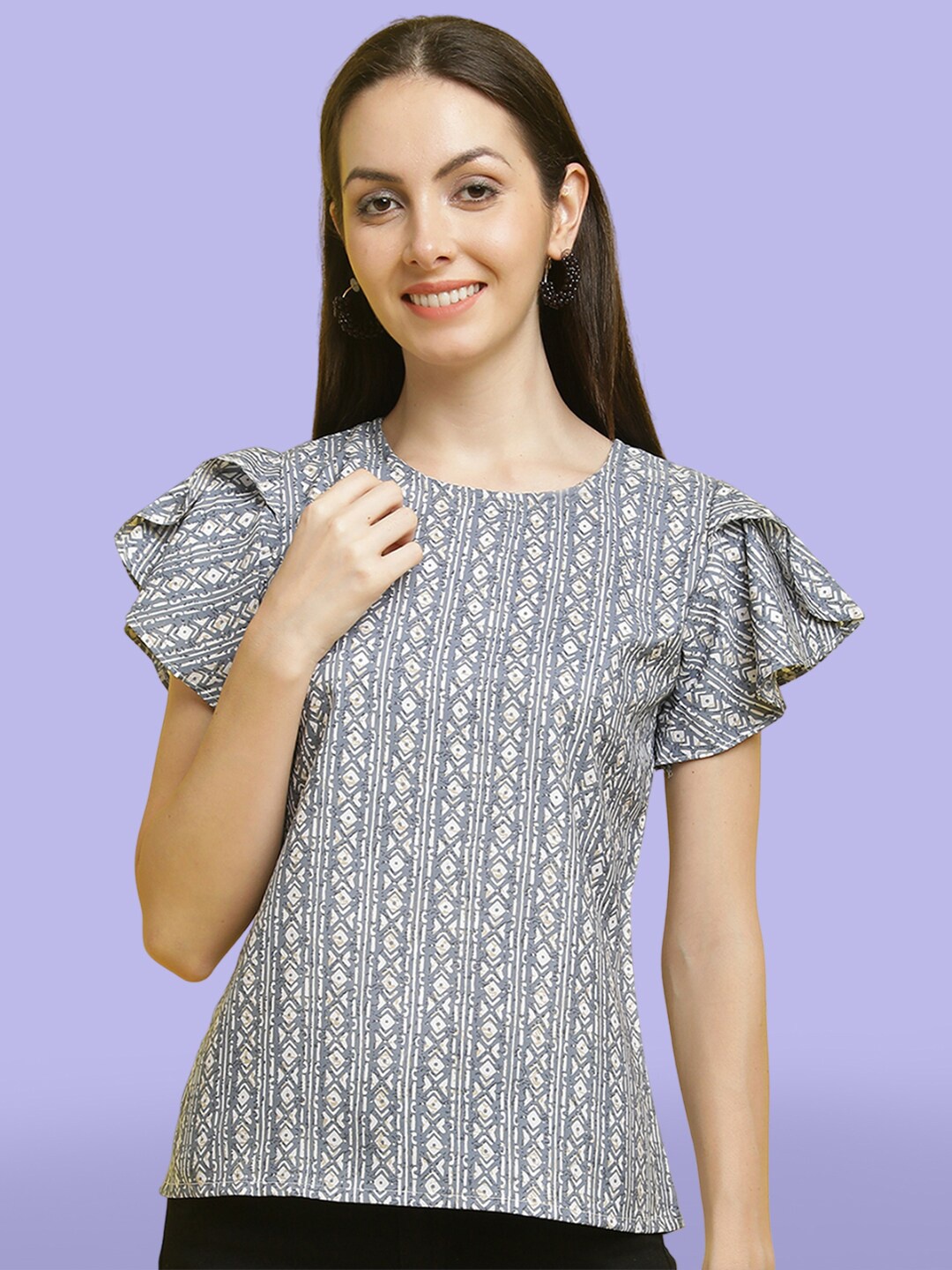 

Poshyaa Geometric Printed Flutter Sleeves Top, Grey
