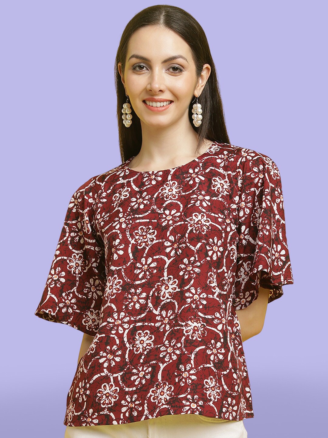 

Poshyaa Floral Printed Flared Sleeves Top, Maroon