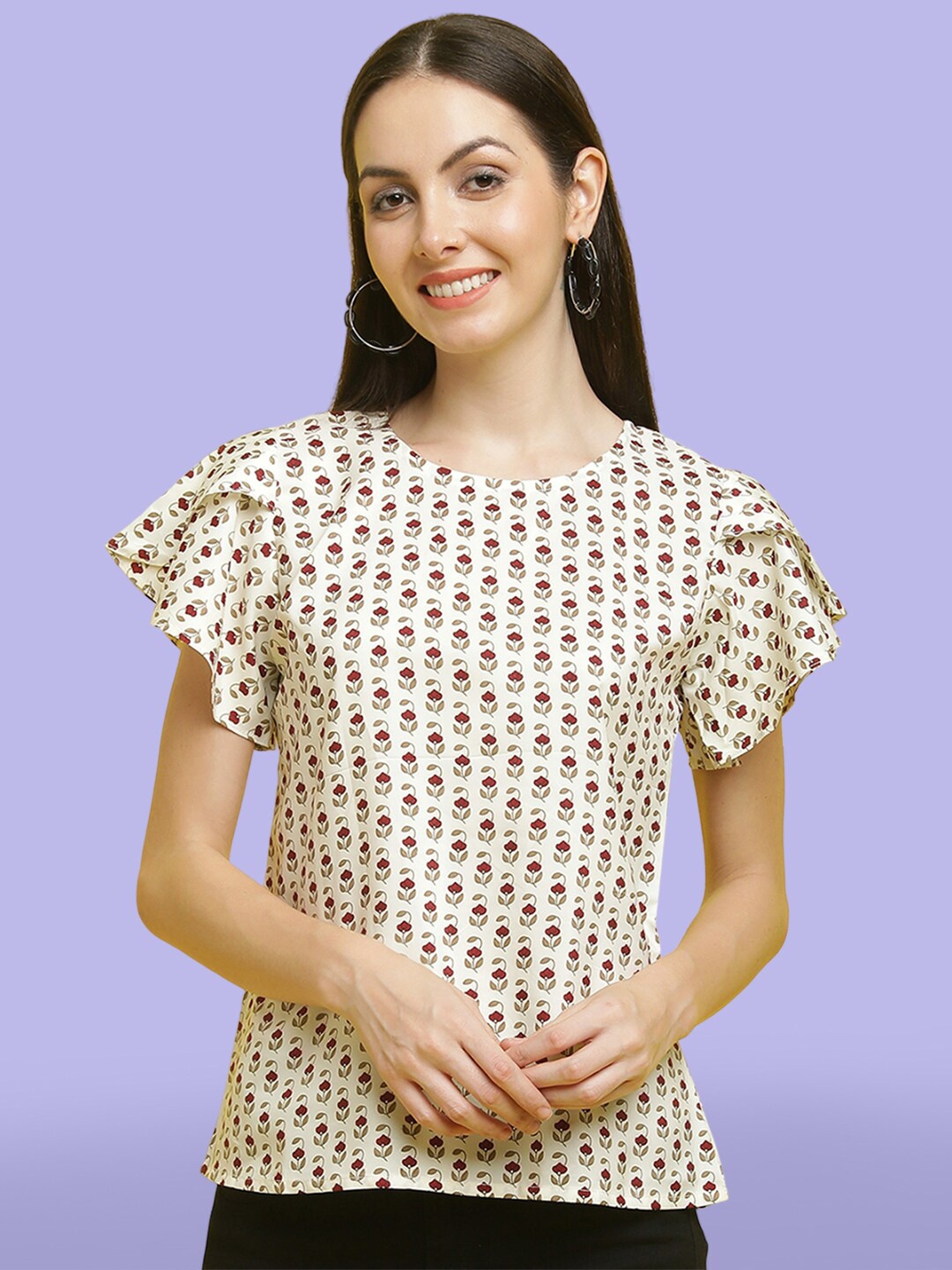 

Poshyaa Floral Printed Flutter Sleeves Top, Cream