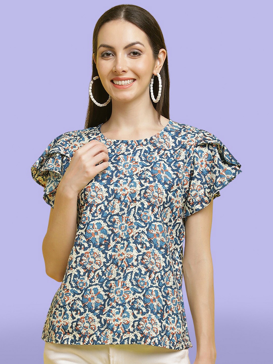 

Poshyaa Floral Printed Flutter Sleeve Top, Blue