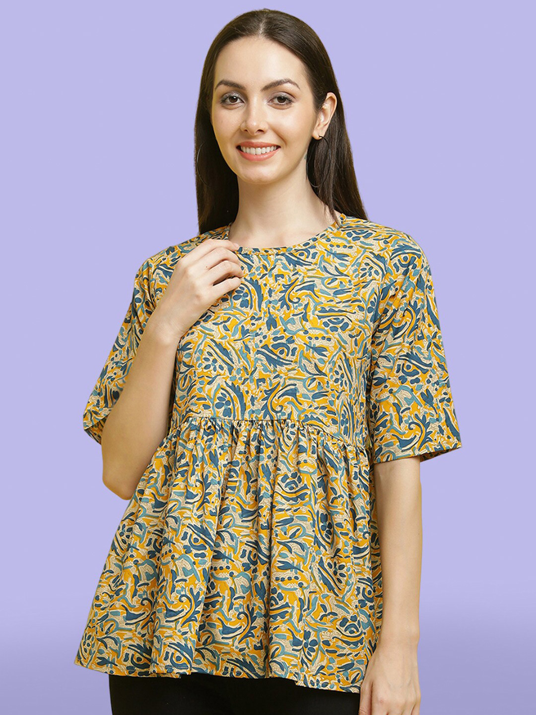 

Poshyaa Floral Printed Round Neck Empire Top, Yellow