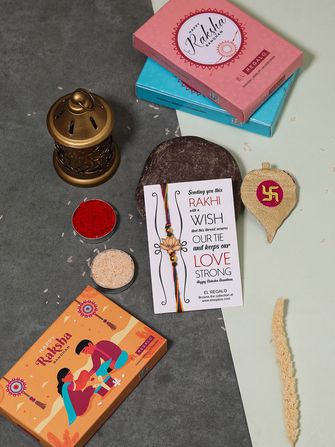 

EL REGALO Stone-Studded Charm Rakhi With Roli Chawal & Greeting Card, Red