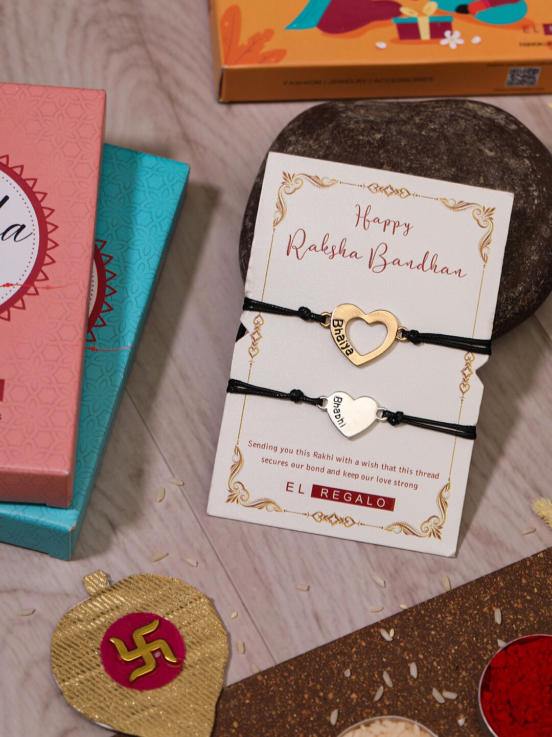 

EL REGALO Bhaiya Bhabhi Set Of 2 Charm Rakhi With Roli Chawal Card, Black