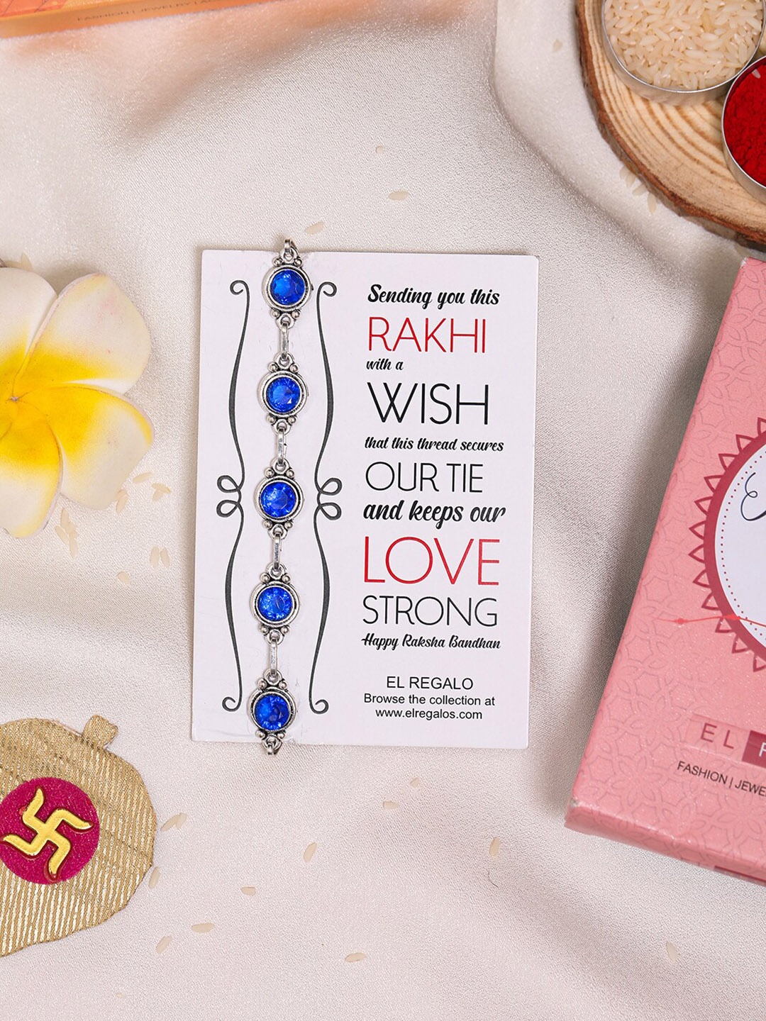 

EL REGALO Stone-Studded Bracelet Rakhi With Roli Rice & Greeting Card, Blue