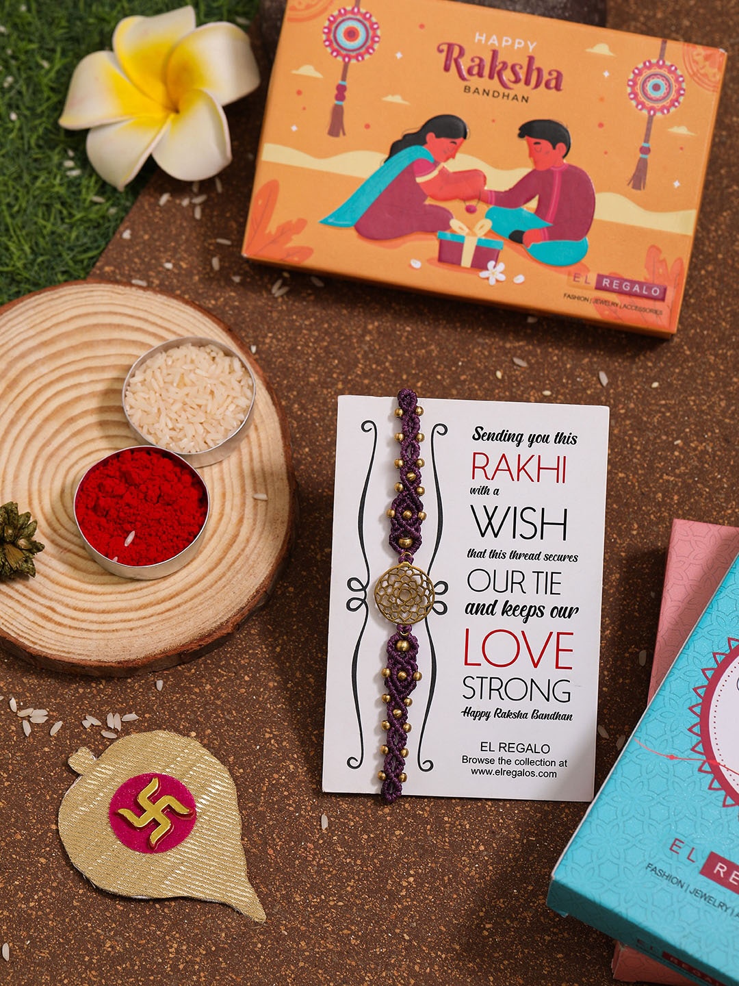 

EL REGALO Charm Detail Rakhis With Greeting Card, Roli & Chawal, Purple