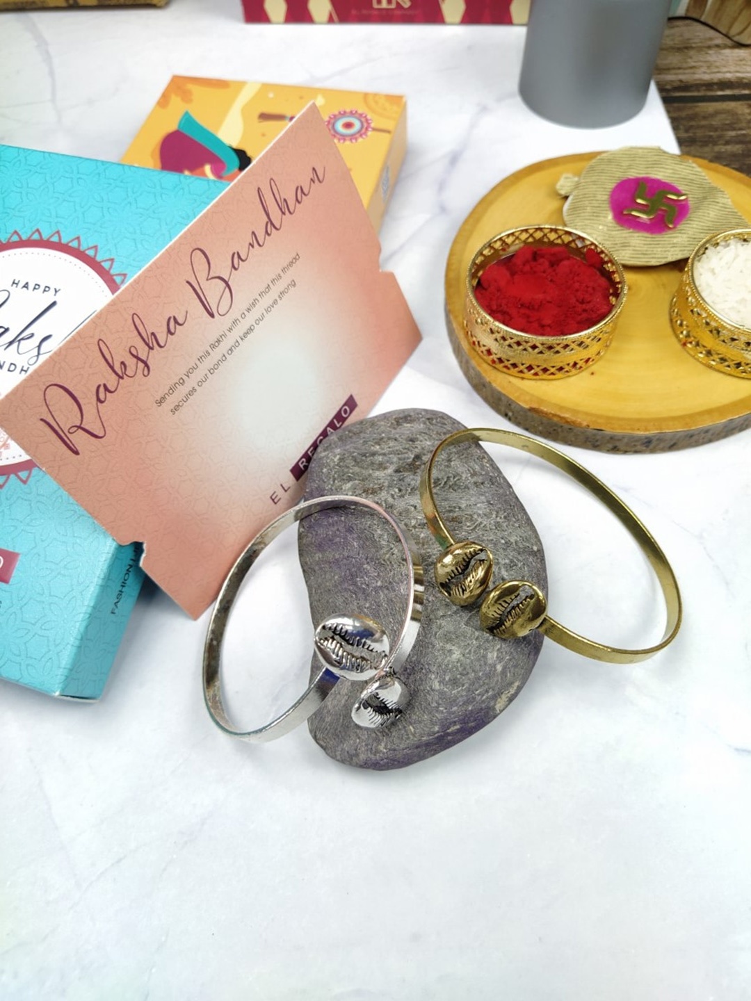 

EL REGALO Bhaiya Bhabhi Set Of 2 Kada Rakhi With With and Card Roli Chawal, Silver