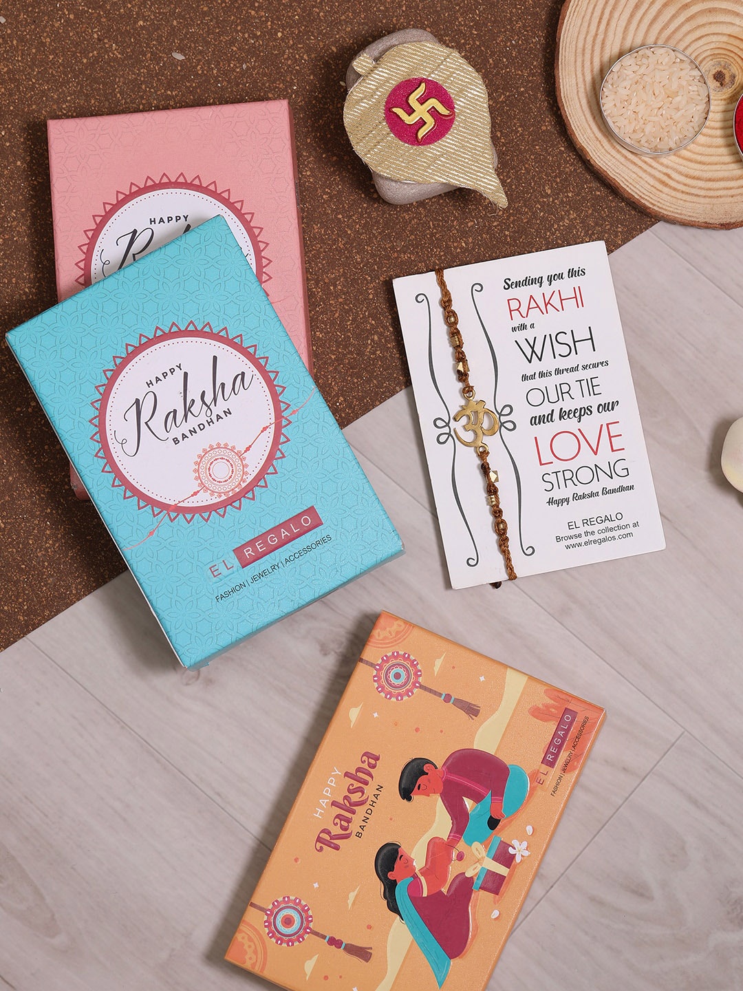 

EL REGALO Om Charm Rakhi With Roli & Chawal & Card, Gold