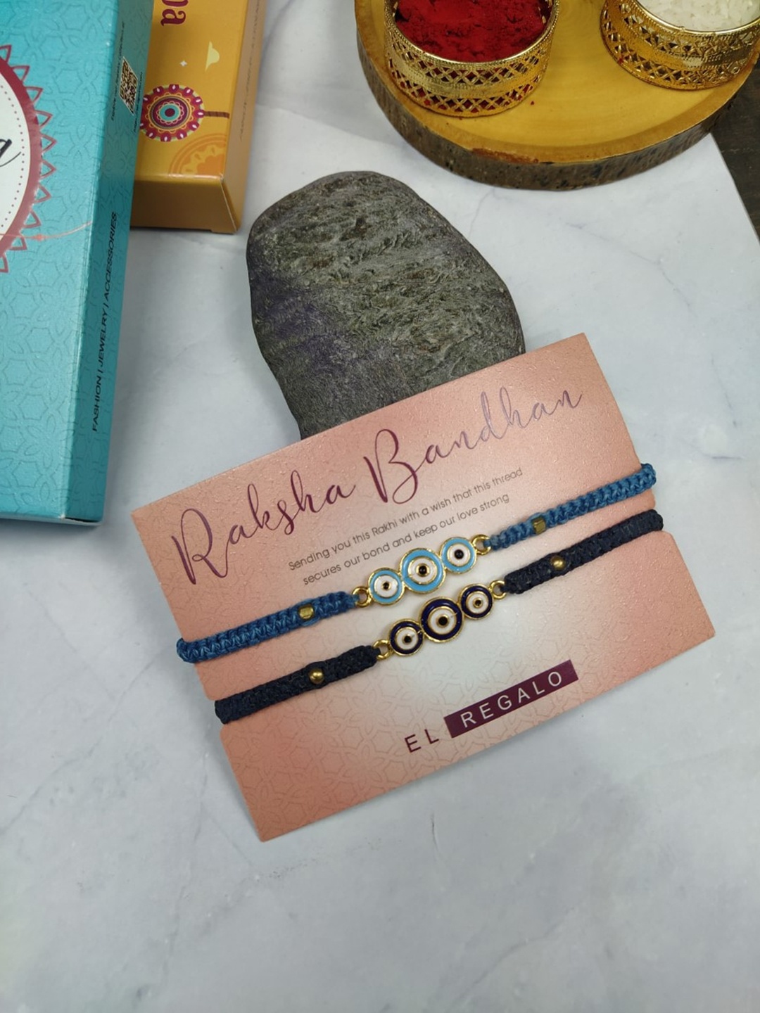 

EL REGALO Bhaiya Bhabhi Set Of 2 Evil Eye Rakhi Combo With Roli Chawal, Black