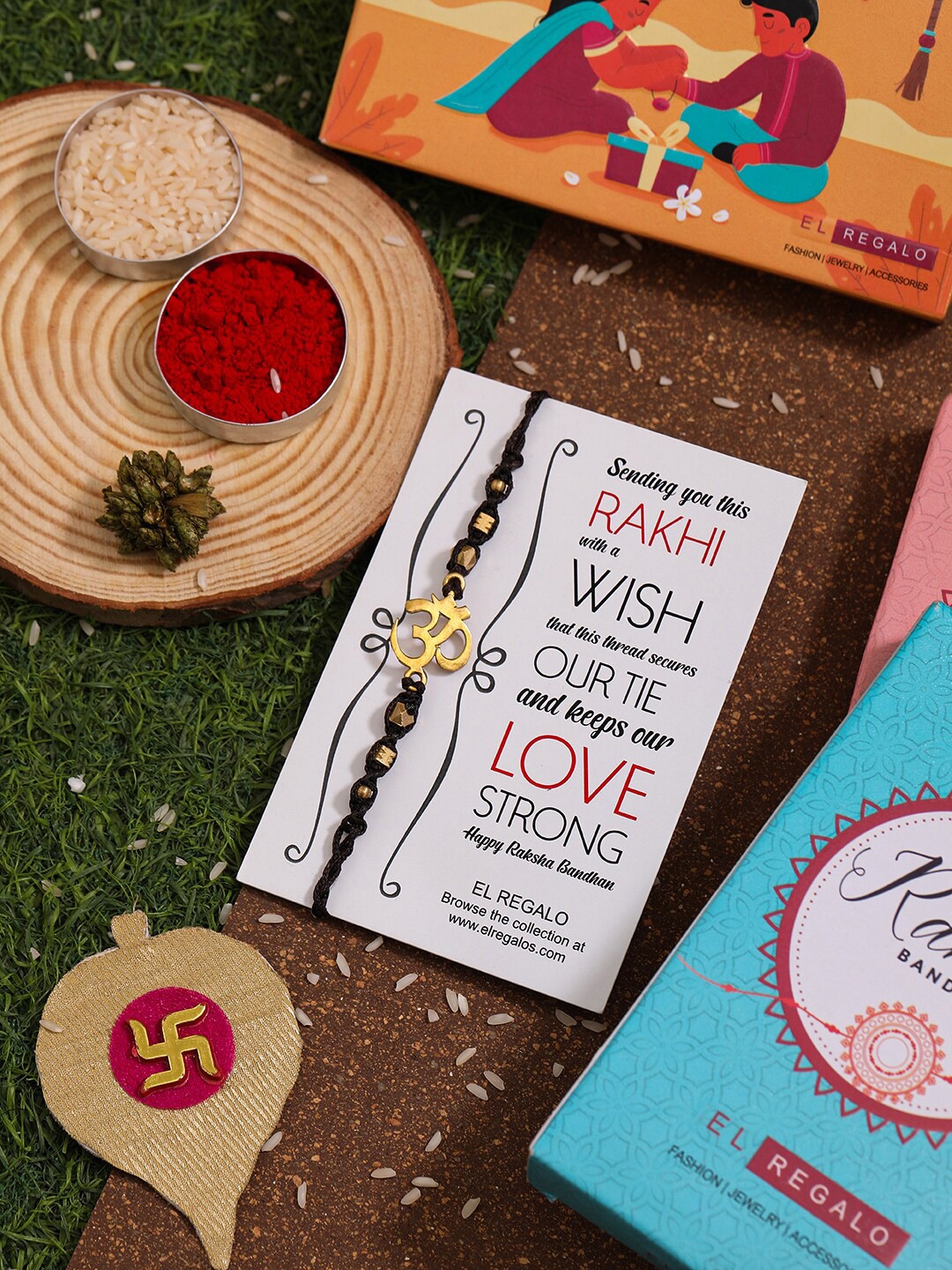 

EL REGALO Stone-Studded Omkara design Rakhi With Greeting Card, Roli & Chawal, Gold