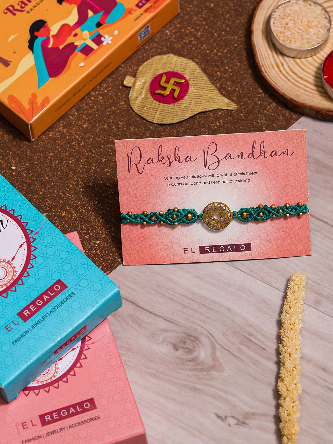 

EL REGALO Charm Detail Rakhis With Greeting Card, Roli & Chawal, Gold