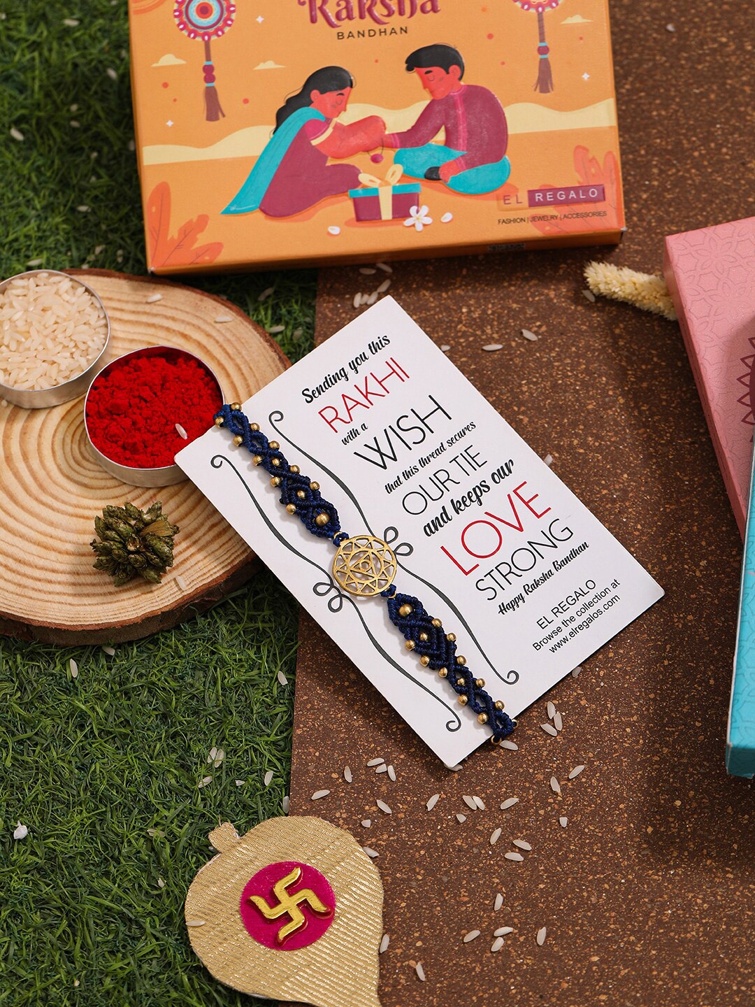 

EL REGALO Charm Detail Rakhi With Roli Chawal & Greeting Card, Blue