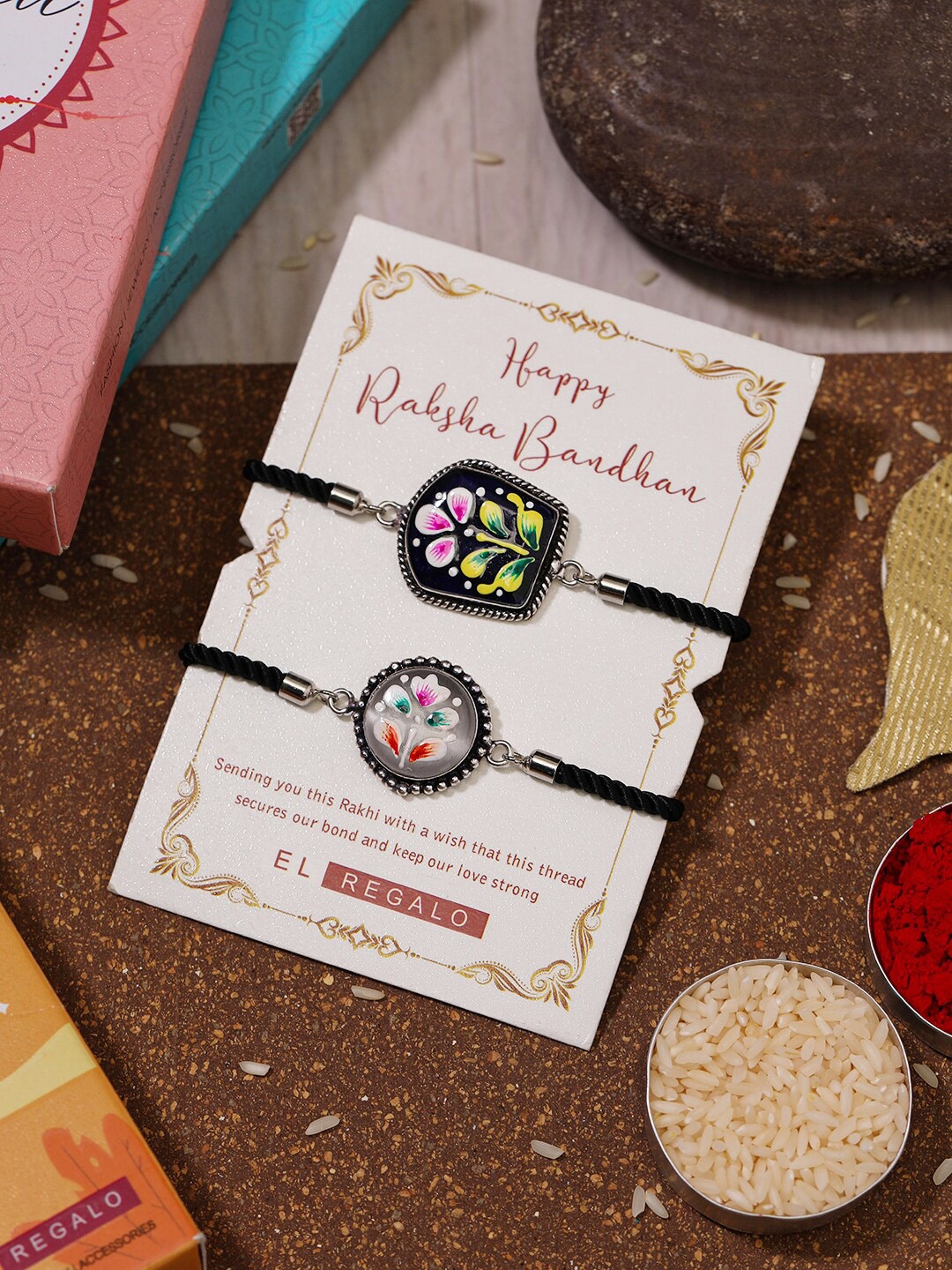 

EL REGALO Bhaiya Bhabhi Set Of 2 Charm Rakhi Combo With Roli Chawal, Black