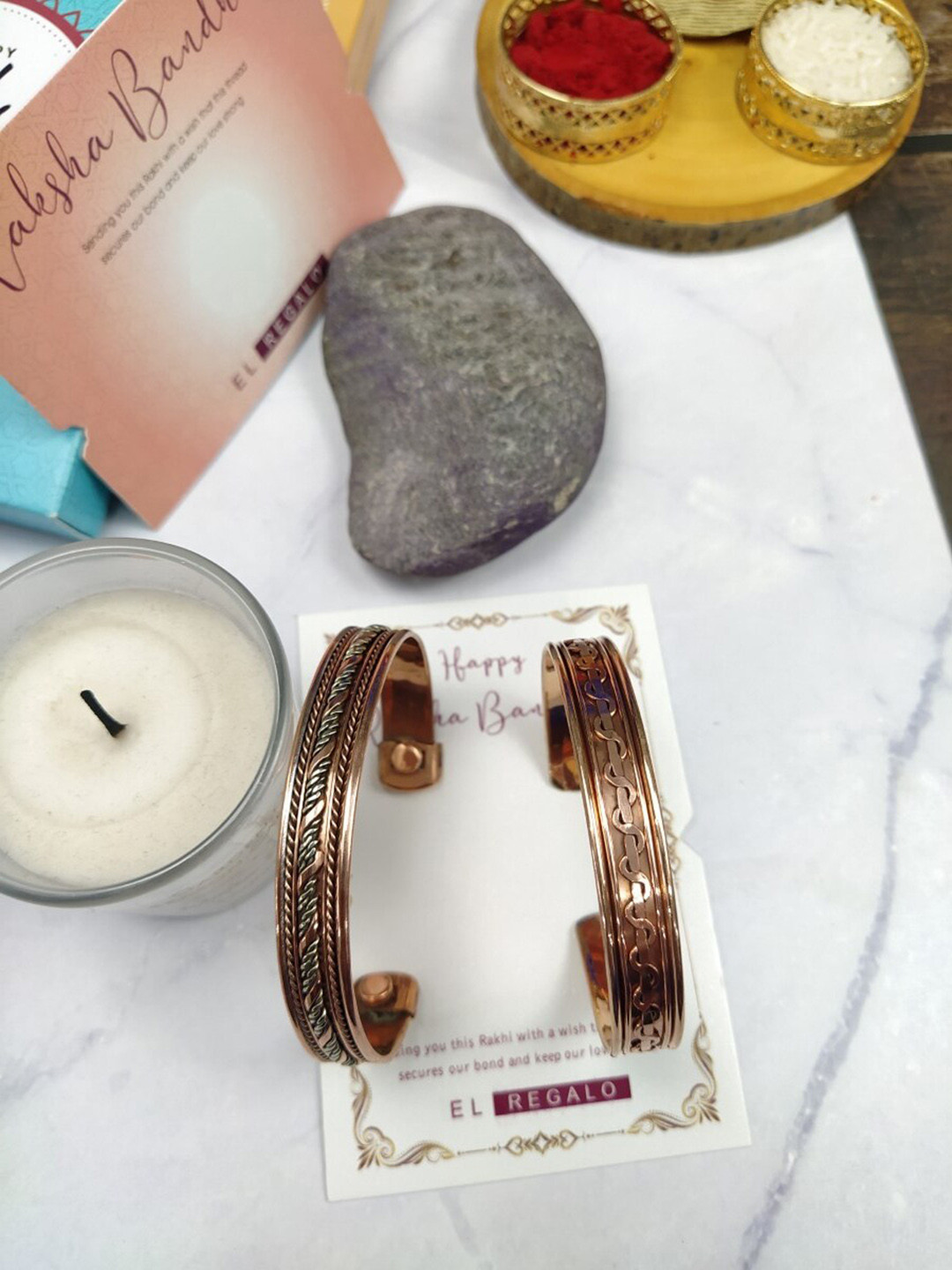 

EL REGALO Bhaiya Bhabhi Set Of 2 Textured Rakhi Combo With Roli Chawal, Copper
