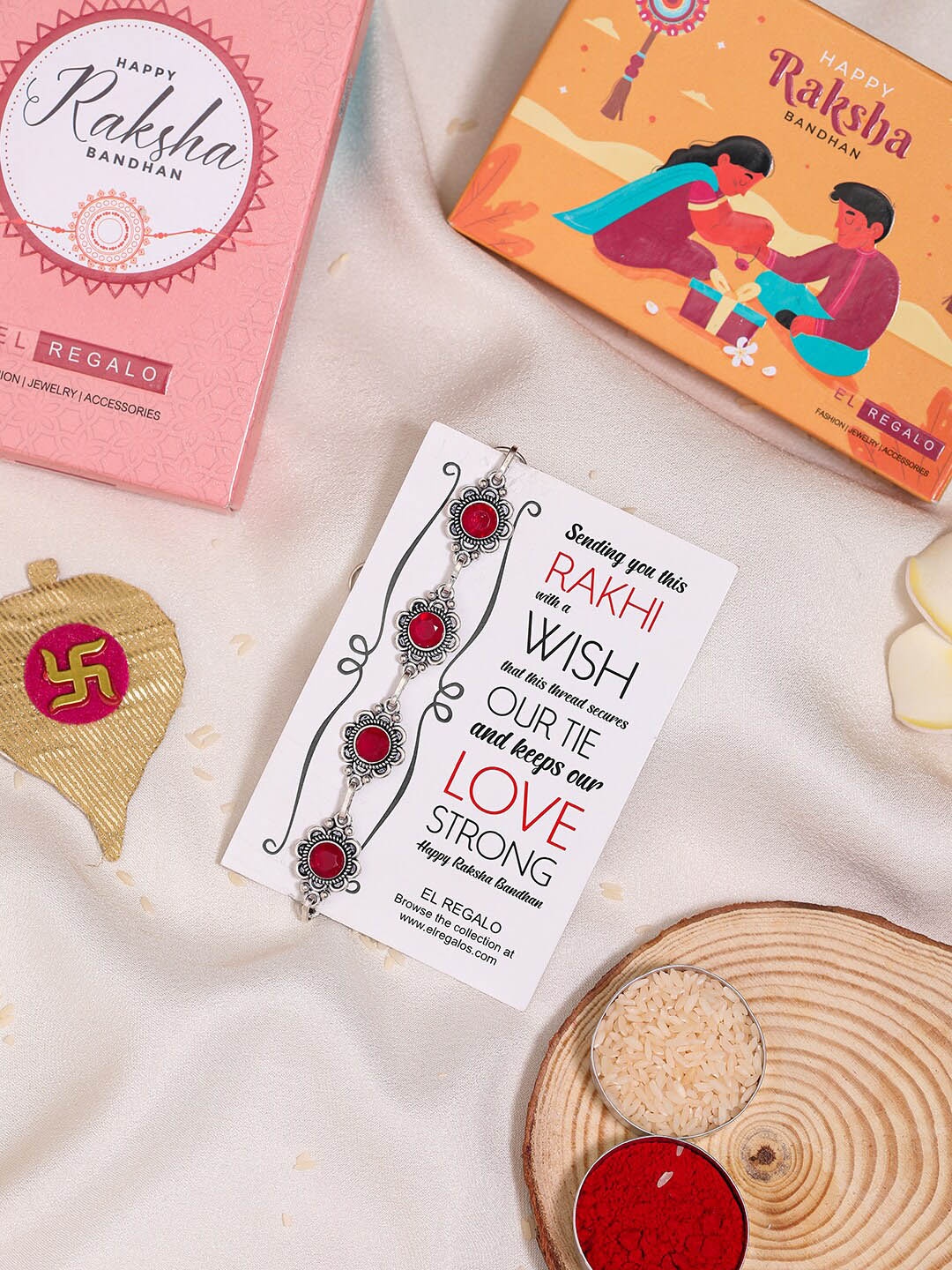 

EL REGALO Stone-Studded Rakhi With Roli Chawal & Greeting Card, Silver