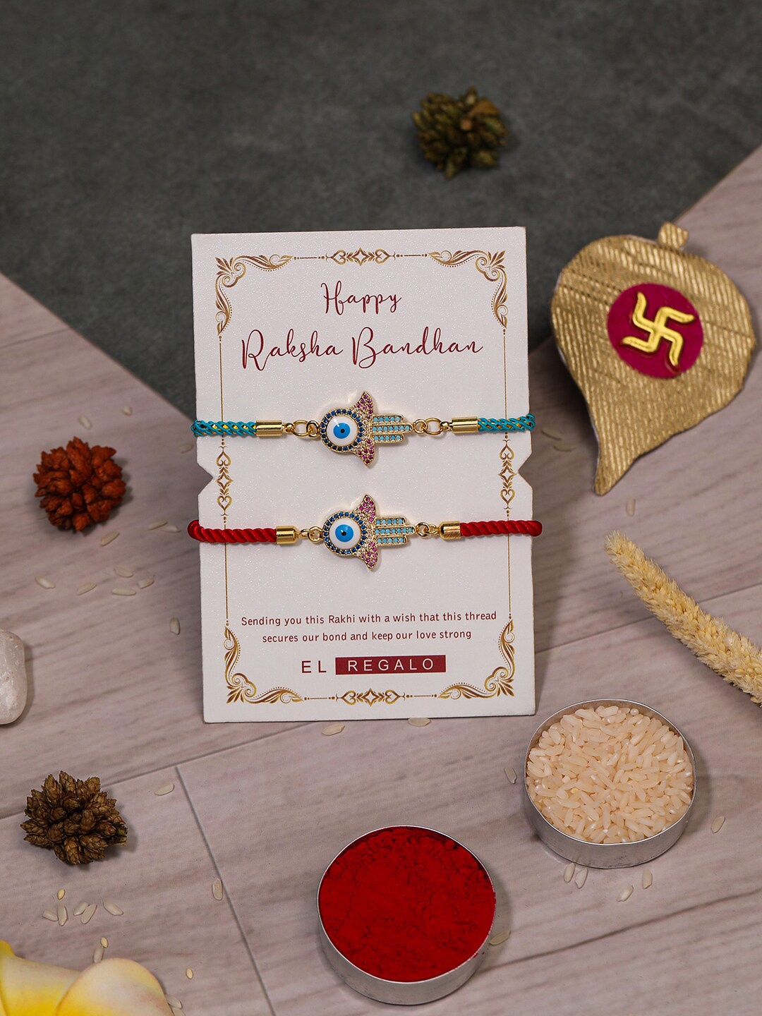 

EL REGALO Bhaiya Bhabhi Set Of 2 Evil Eye Rakhi Combo With Roli Chawal, Red