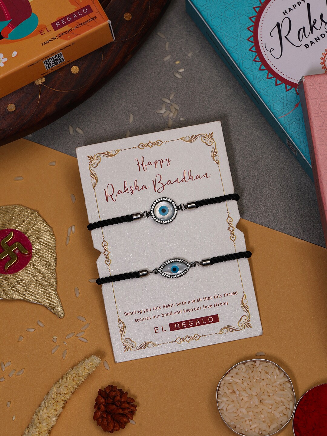 

EL REGALO Bhaiya Bhabhi Set Of 2 Evil Eye Rakhi Combo With Roli Chawal, Black