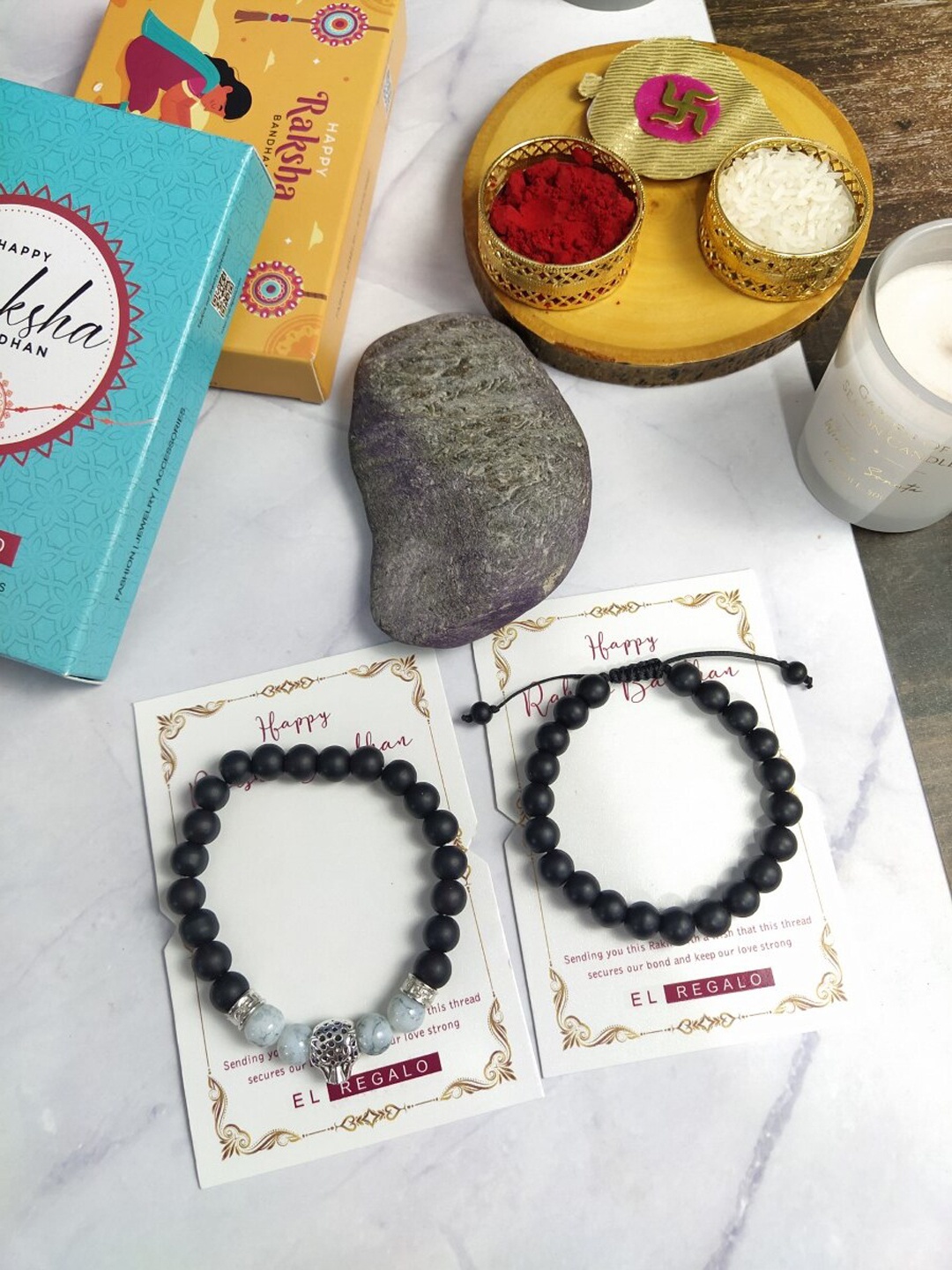 

EL REGALO Set Of 2 Charm Beaded Rakhis With Roli Chawal, Black