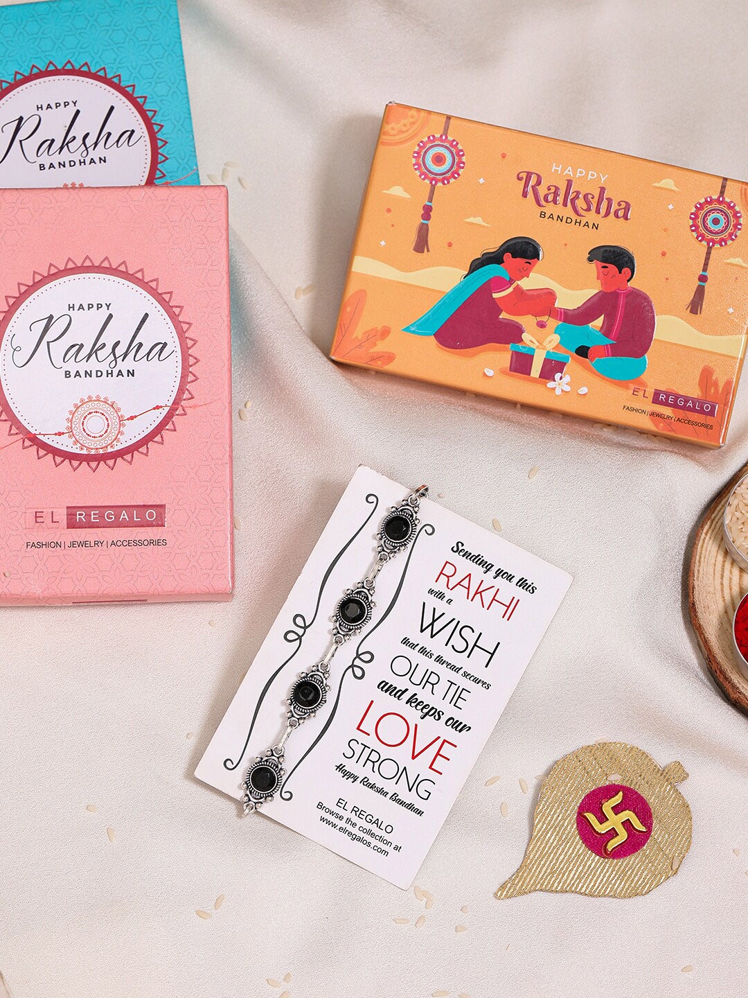 

EL REGALO Stone-Studded Rakhi With Roli Chawal, Silver