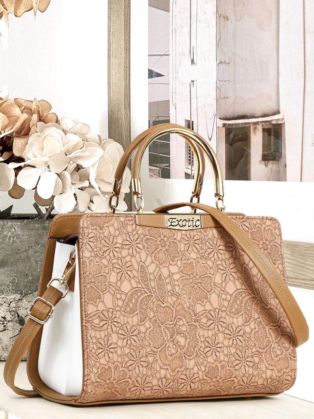 

Exotic Self Design PU Structured Handheld Bag, Beige