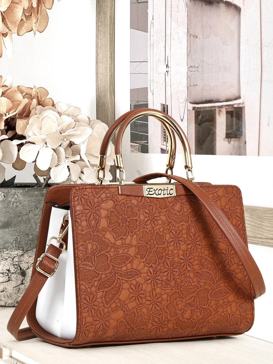 

Exotic Self Design PU Structured Handheld Bag, Tan