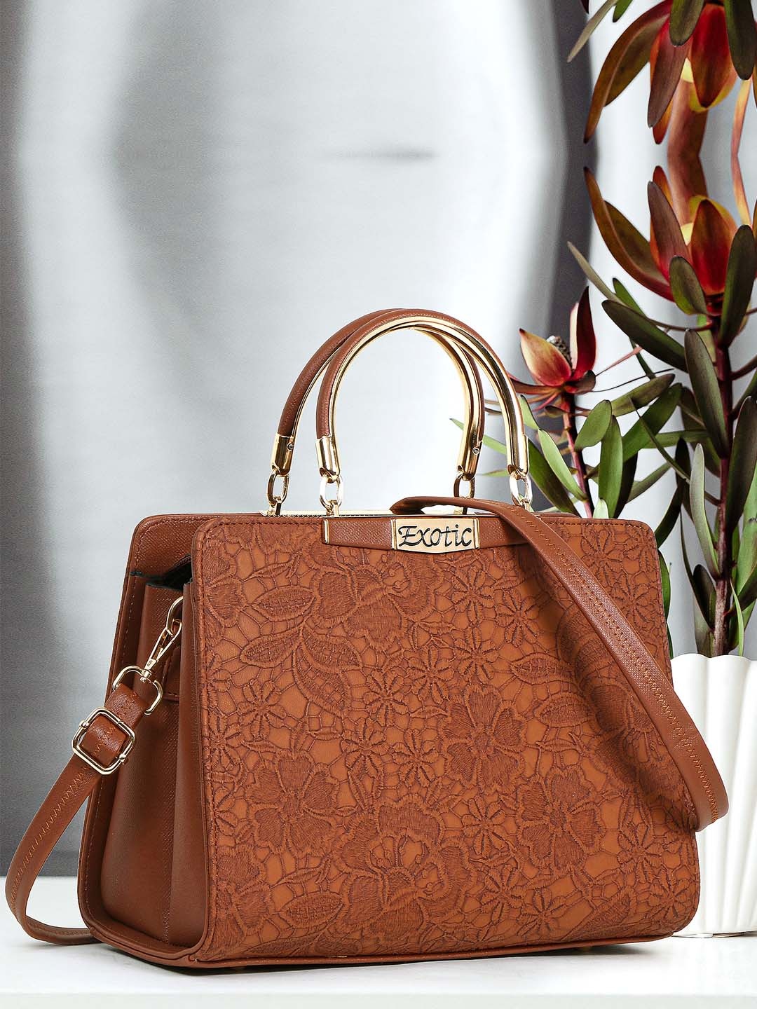 Exotic Self Design PU Structured Handheld Bag, Tan