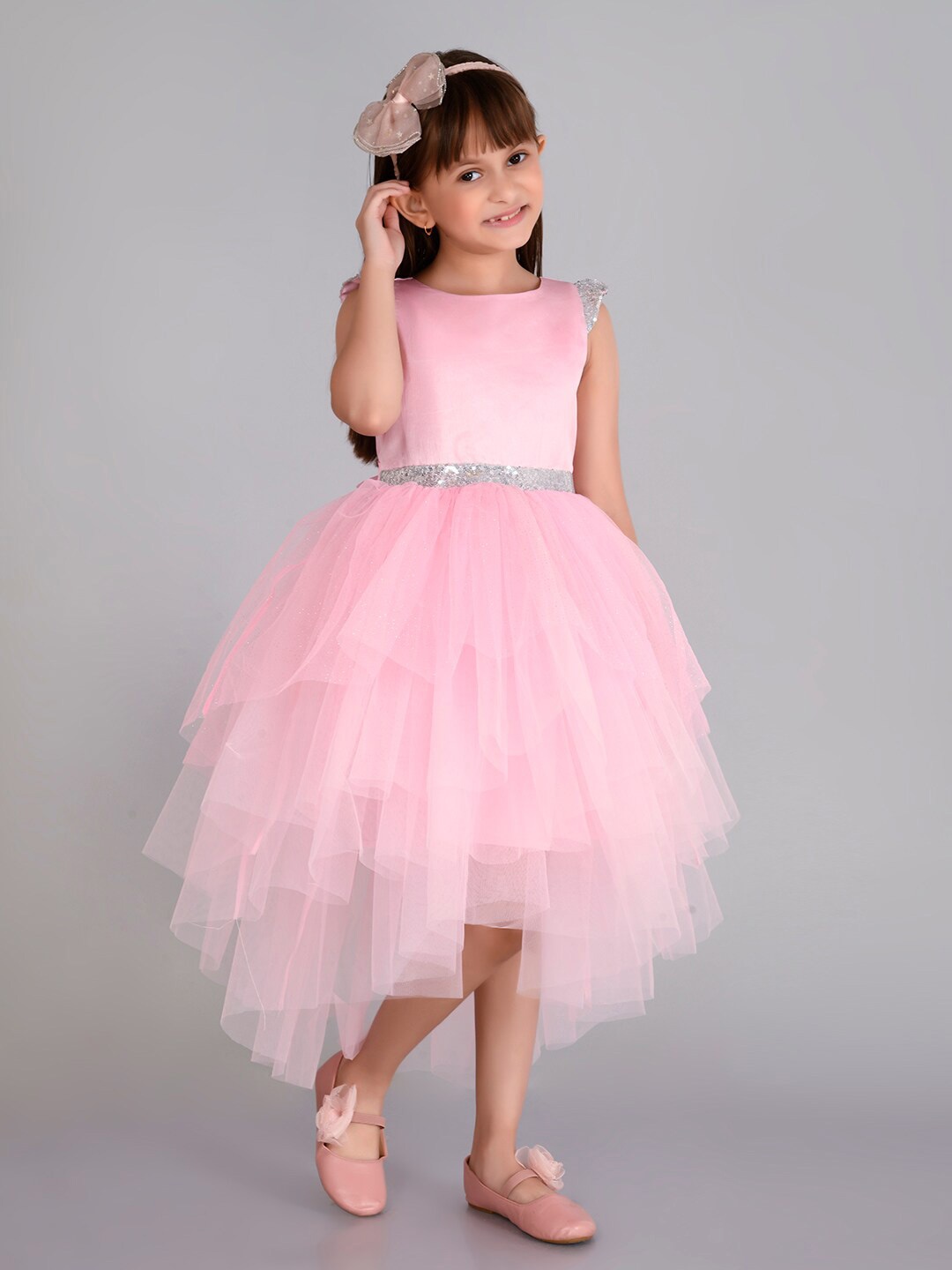 

Toy Balloon kids Girls Cap Sleeves Sequined Detailed Fit & Flare Midi Dress, Pink