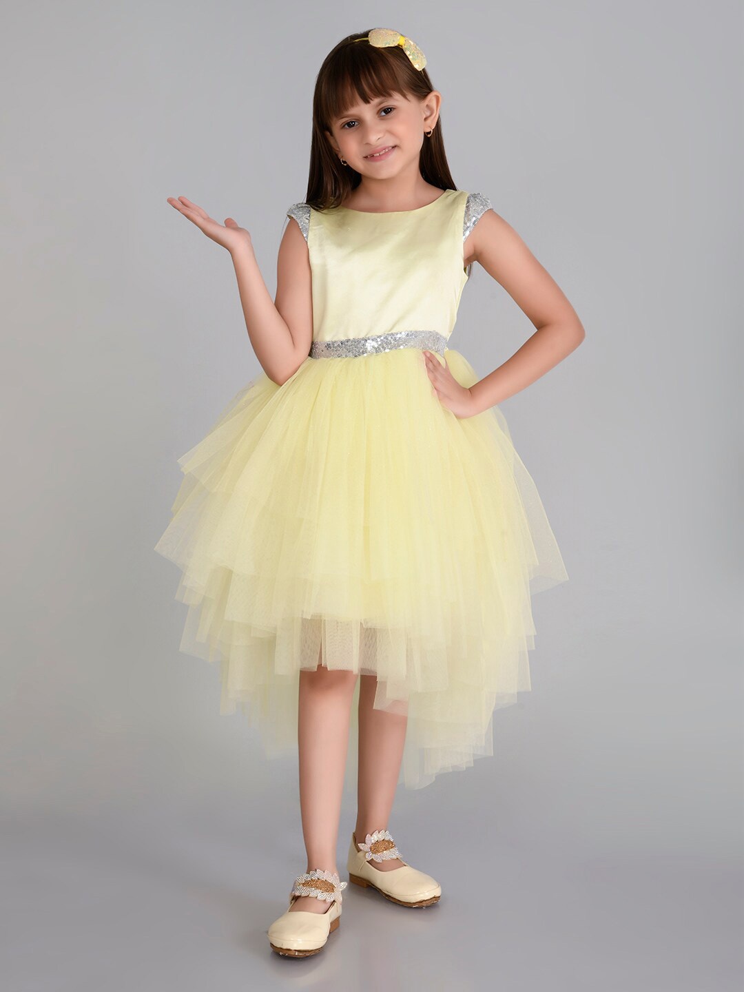 

Toy Balloon kids Girls Cap Sleeves Sequined Detailed Fit & Flare Midi Dress, Yellow