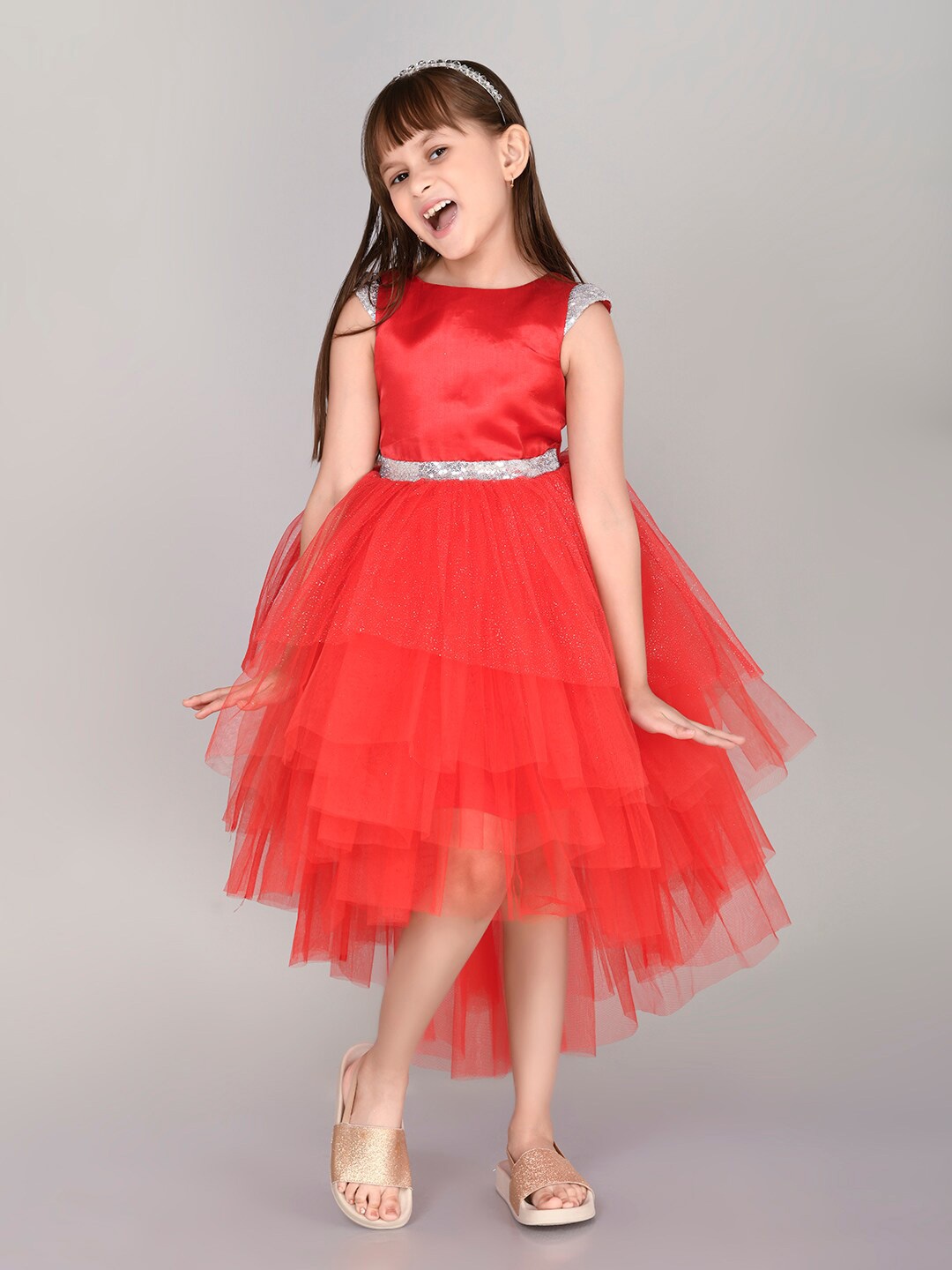 

Toy Balloon kids Girls Cap Sleeves Sequined Detailed Fit & Flare Midi Dress, Red