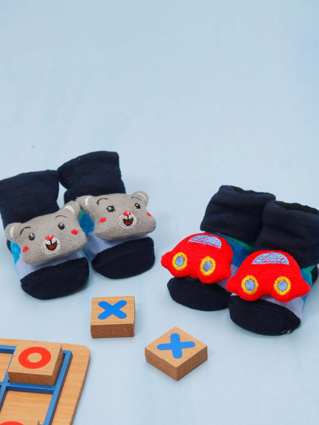 

Yellow Bee Infant Boys Pack Of 2 Stuffed Toy Patterned Anti-Skid Cotton Ankle Socks, Navy blue