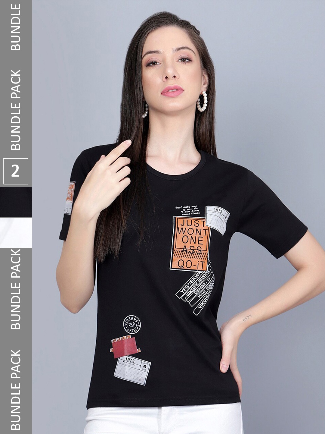 

Viral trend Pack Of 2 Typography Printed Relaxed Fit Round Neck Cotton T-shirt, White