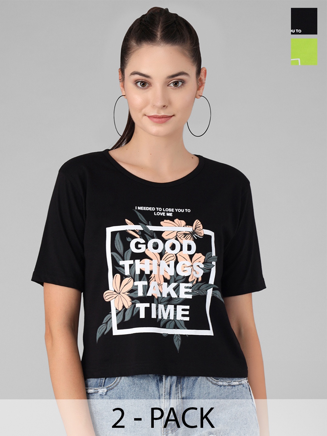 

Viral trend Pack of 2 Typography Printed Cotton T-Shirt, Fluorescent green