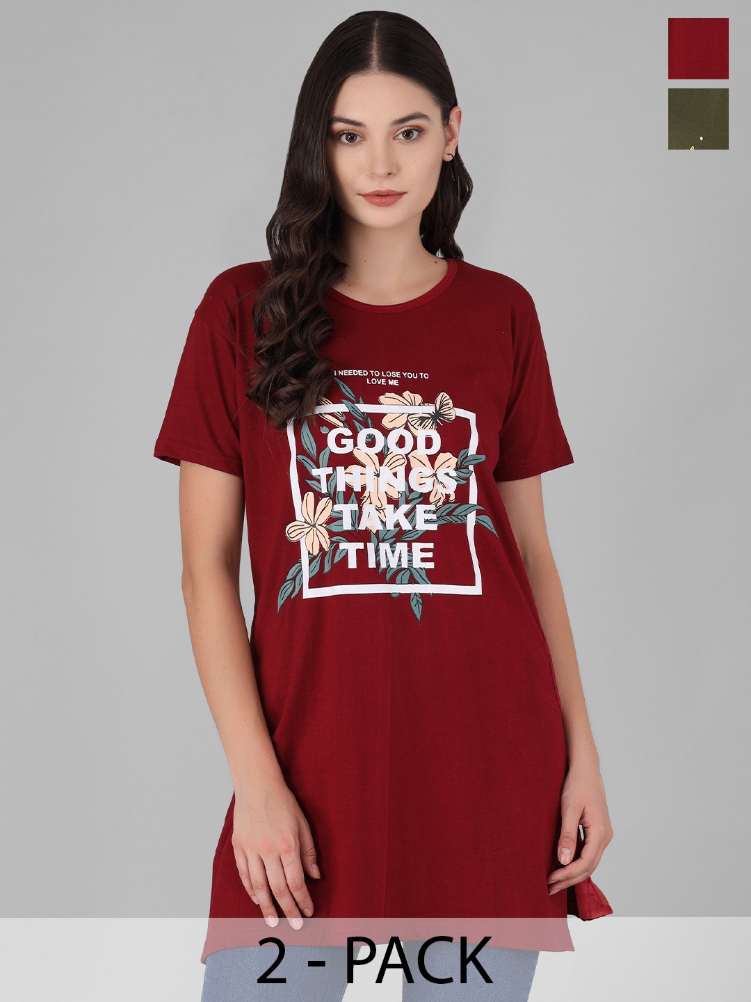 

Viral trend Pack Of 2 Printed Relaxed Fit Longline Cotton T-shirts, Maroon