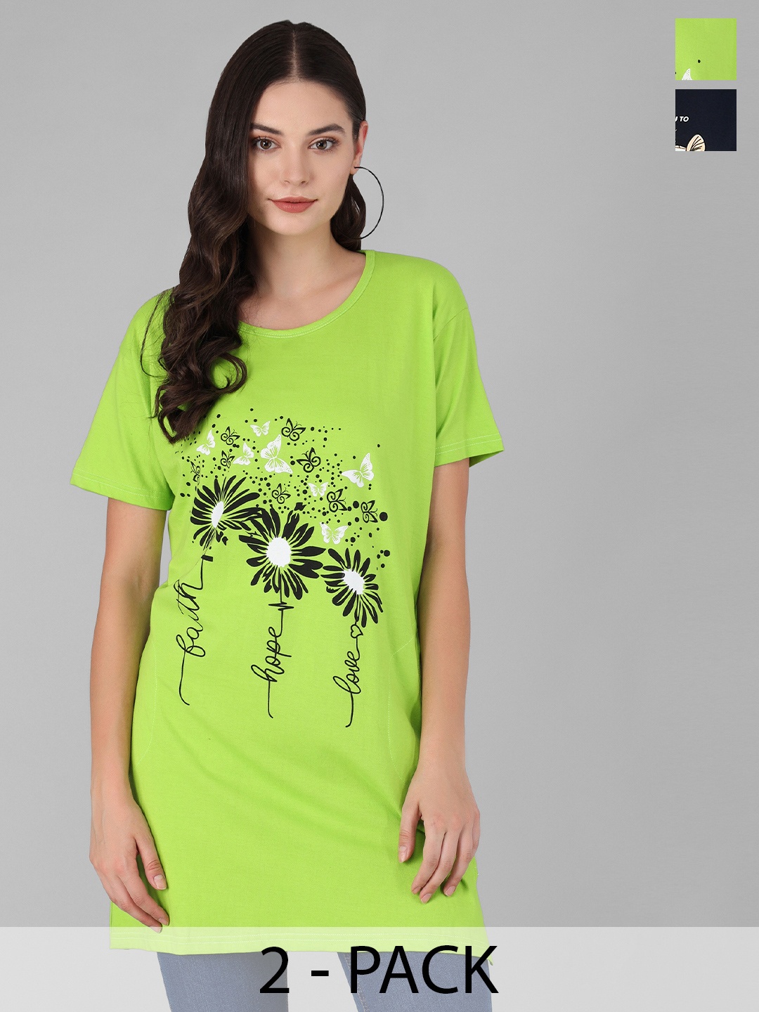 

Viral trend Pack Of 2 Printed Relaxed Fit Longline Cotton T-shirts, Fluorescent green