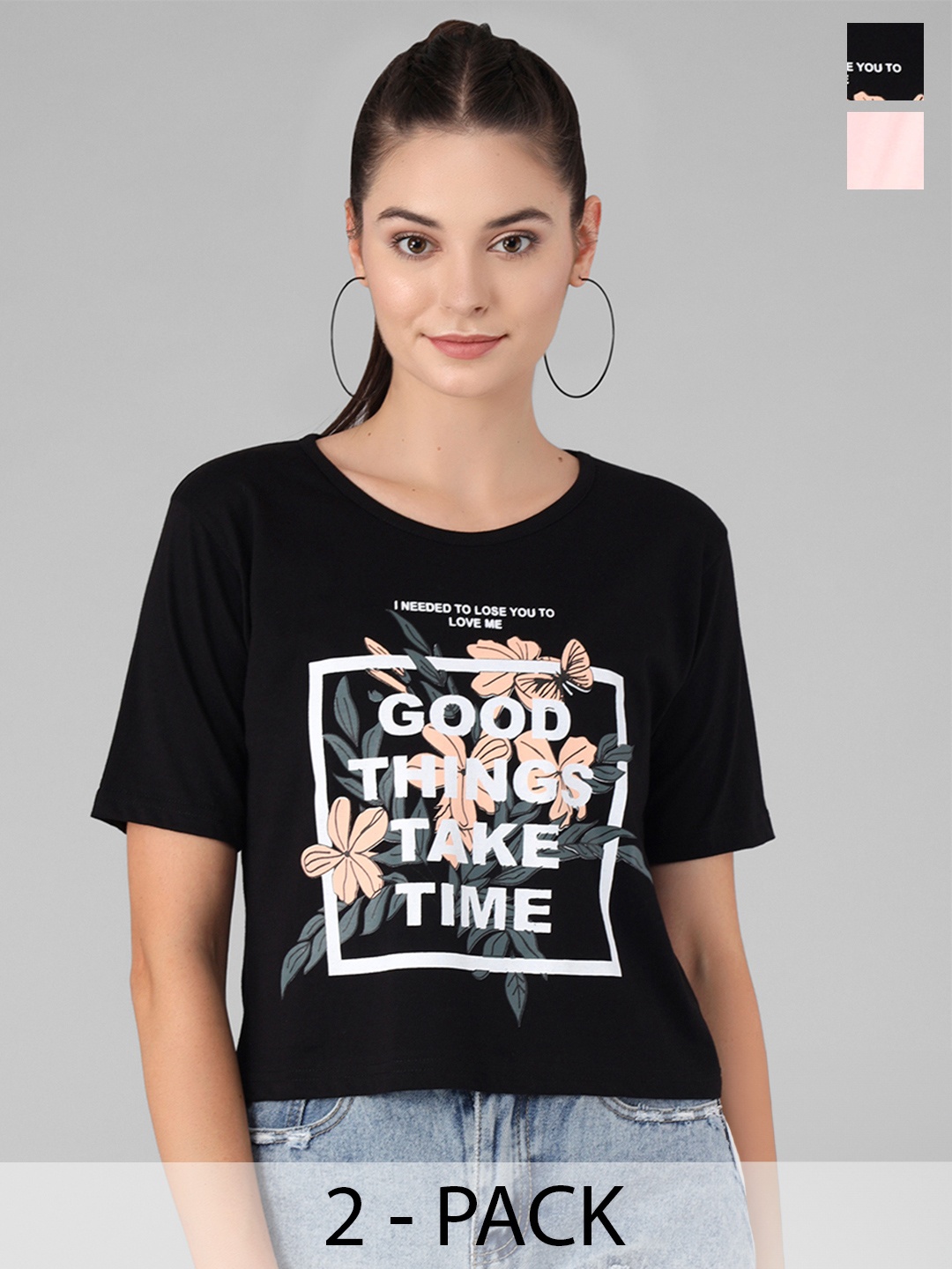 

Viral trend Pack of 2 Typography Printed Cotton T-Shirt, Peach