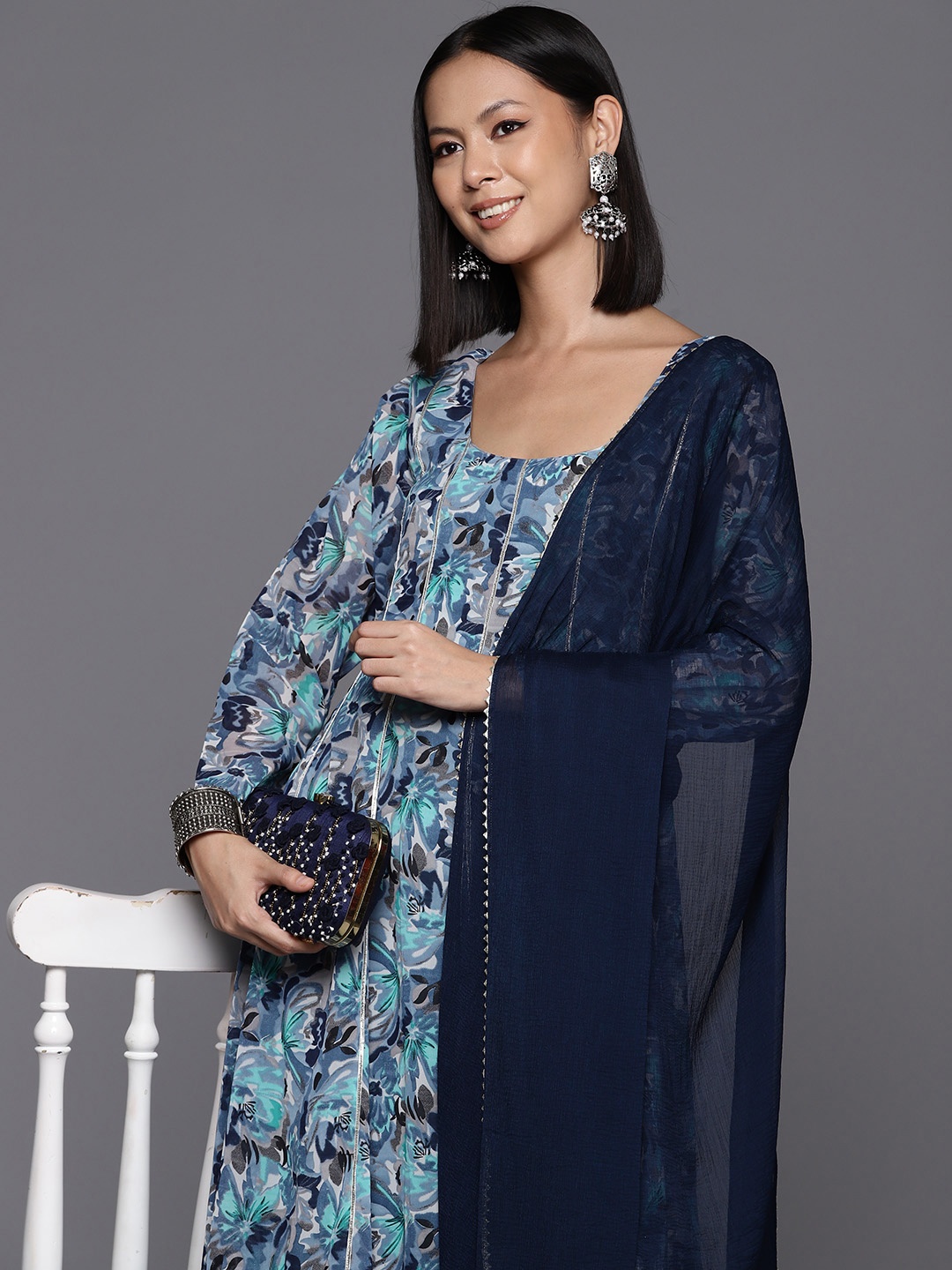 

Varanga Floral Printed Gotta Patti Floral Georgette Anarkali Kurta with Dupatta, Blue