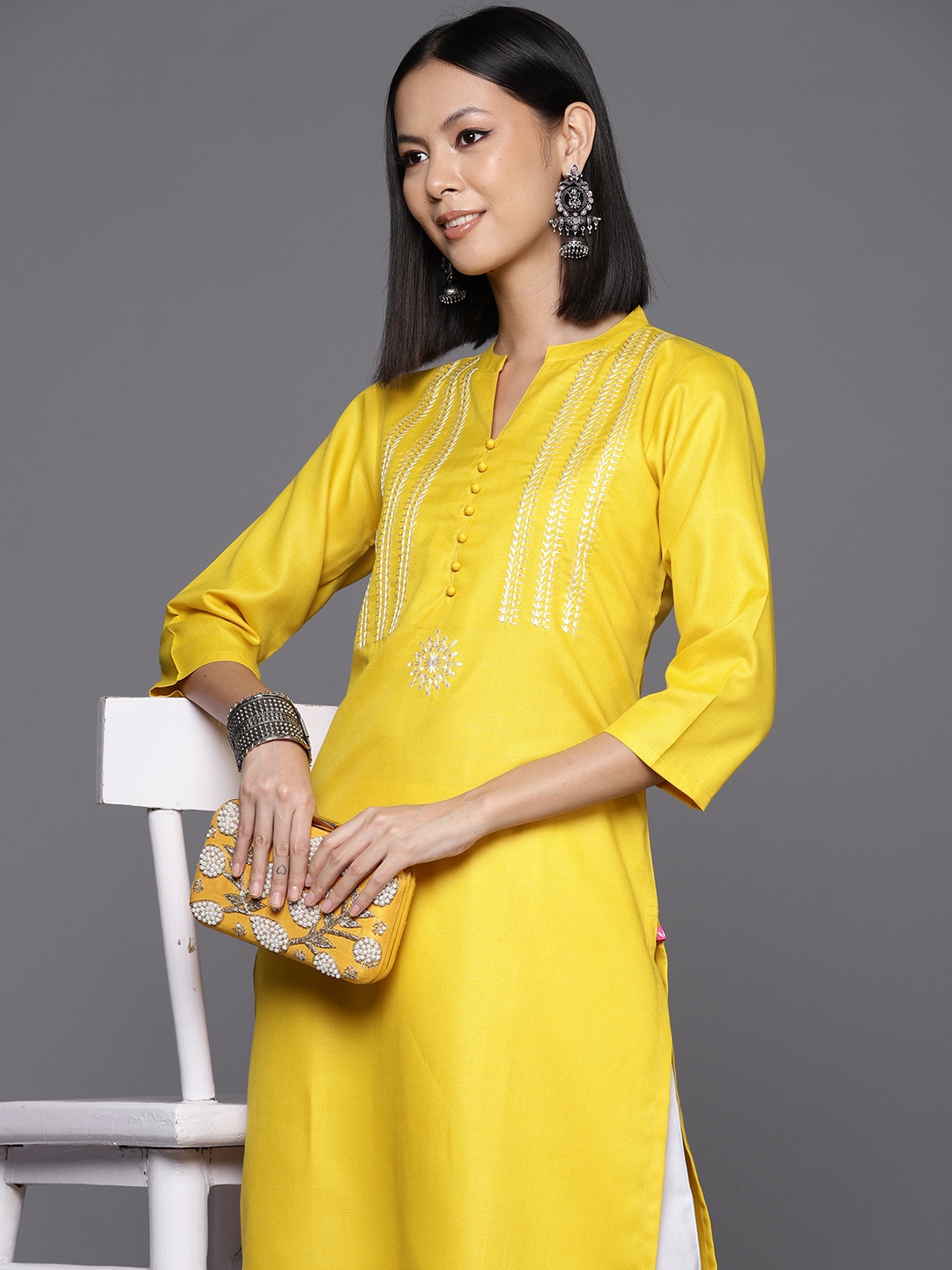 

Varanga Ethnic Motifs Embroidered Thread Work Kurta, Yellow