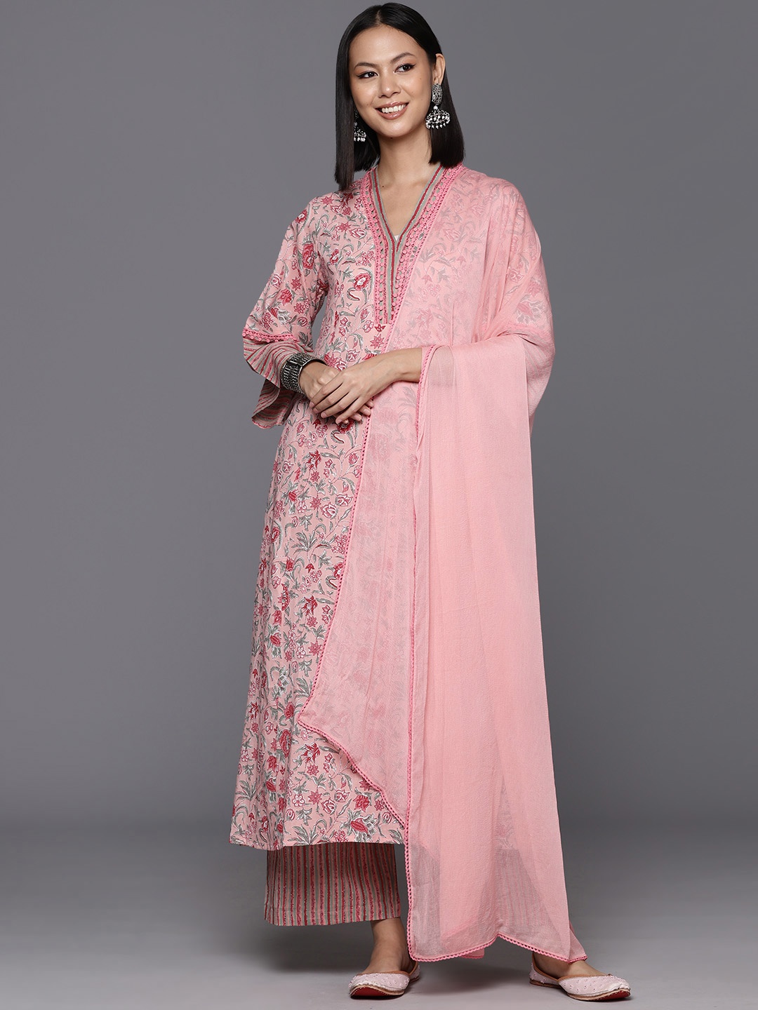 

Varanga Women Floral Printed Regular Pure Cotton Kurta with Trousers & With Dupatta, Peach