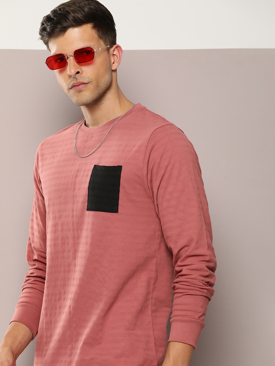 

DILLINGER Men Striped Pure Cotton Pockets T-shirt, Mauve
