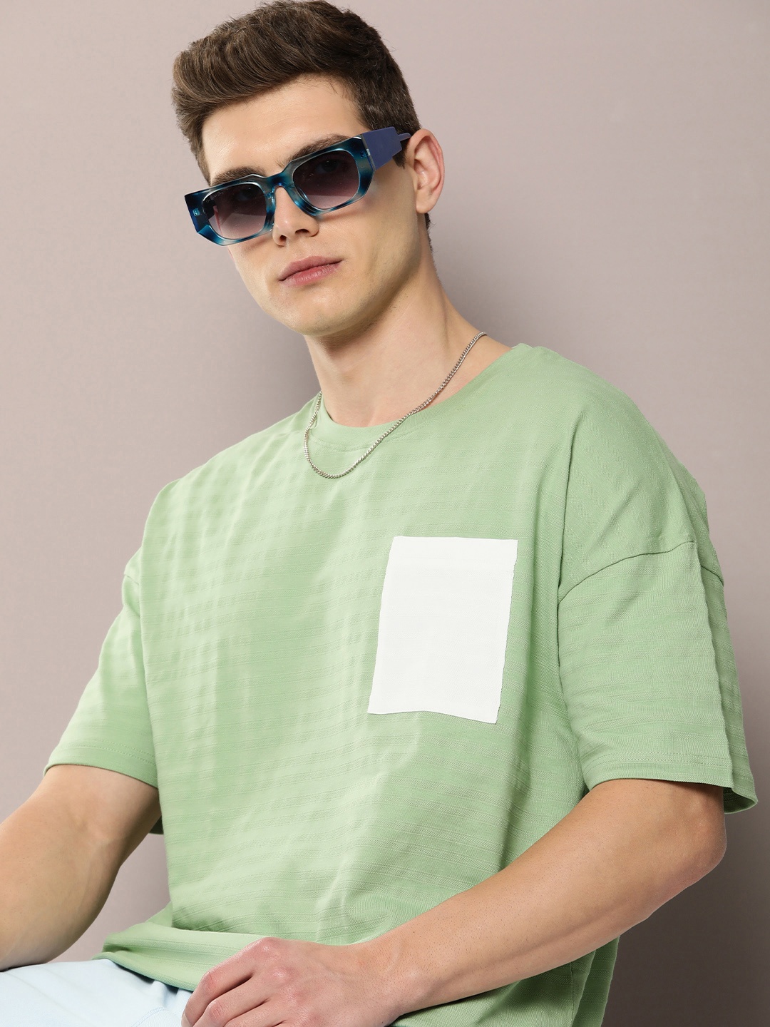 

DILLINGER Men Self Design Oversized T-shirt, Green