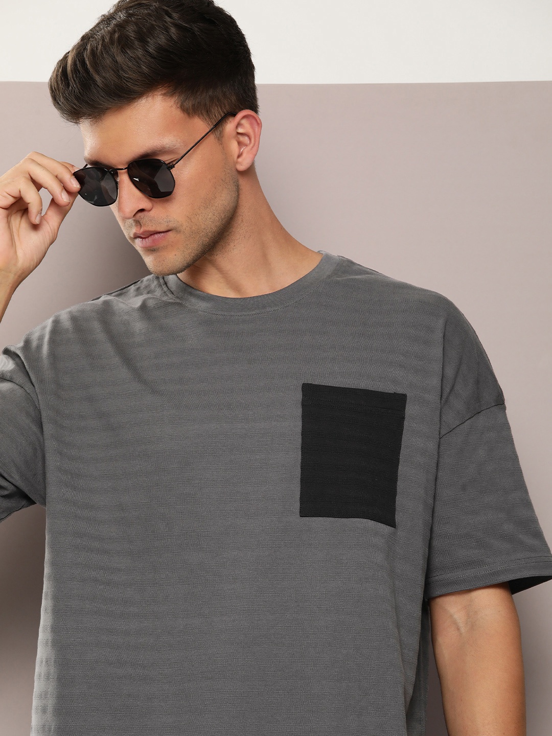 

DILLINGER Men Striped Pure Cotton Pockets T-shirt, Grey