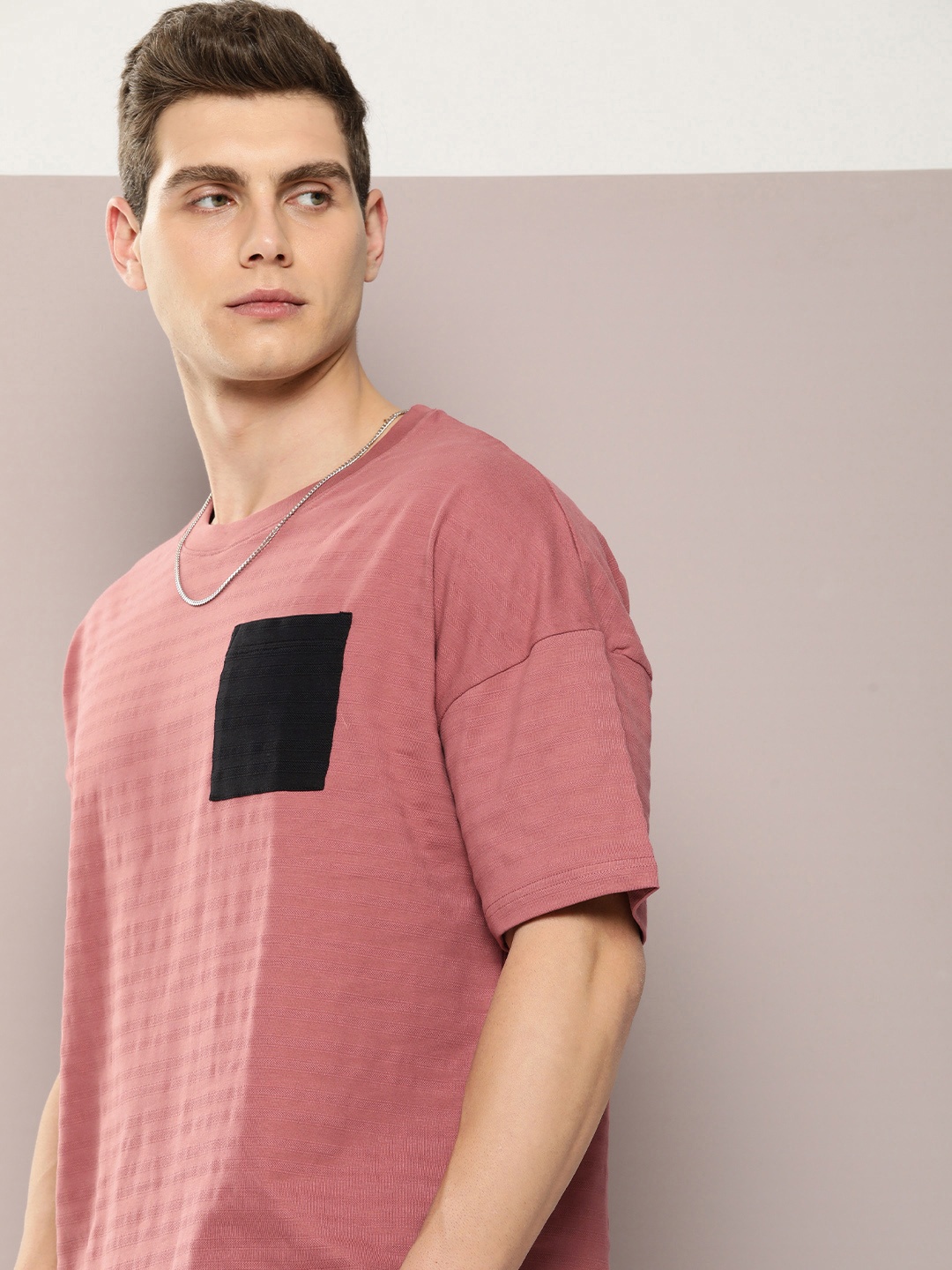 DILLINGER Men Self Design Oversized T-shirt, Pink
