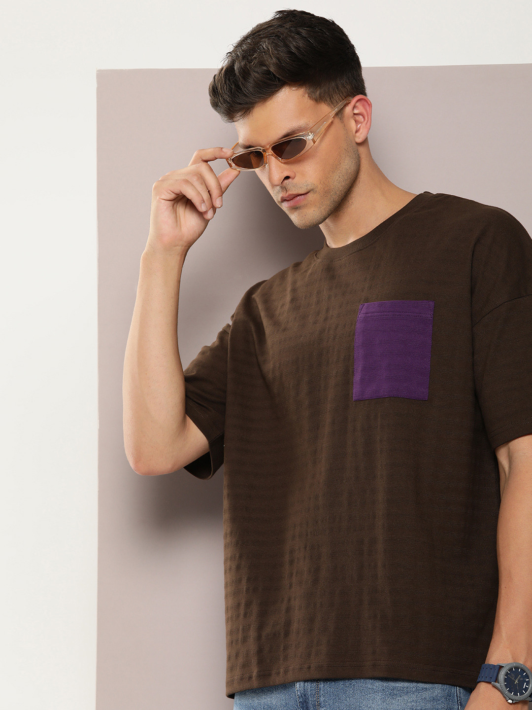 

DILLINGER Men Self Design Oversized T-shirt, Brown
