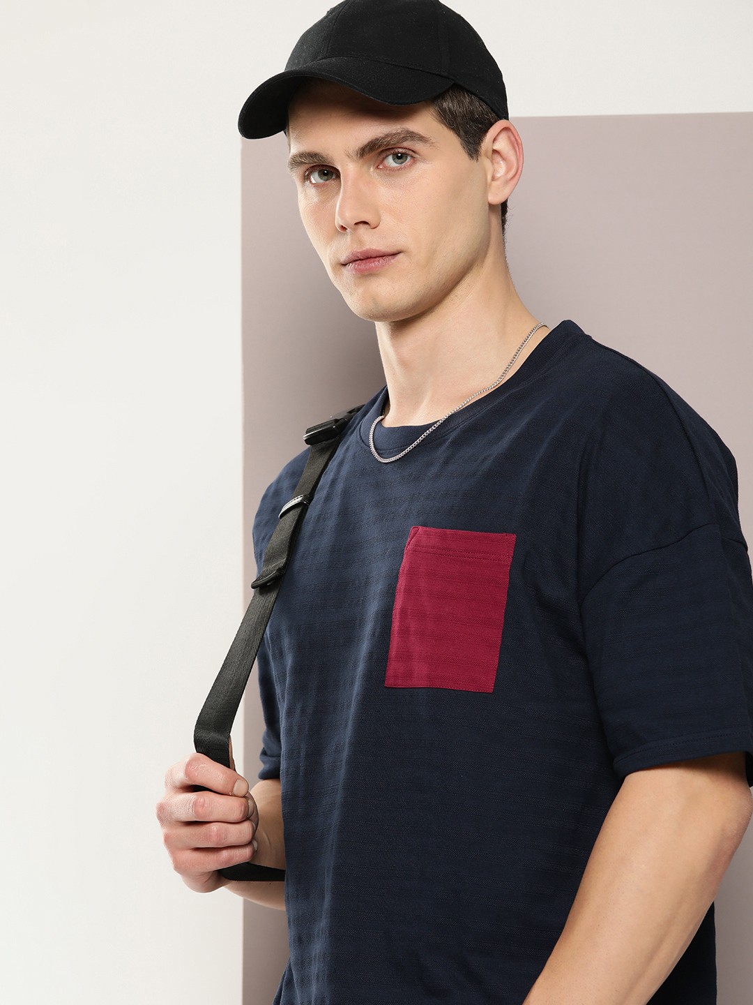 

DILLINGER Men Striped Pure Cotton Pockets T-shirt, Navy blue